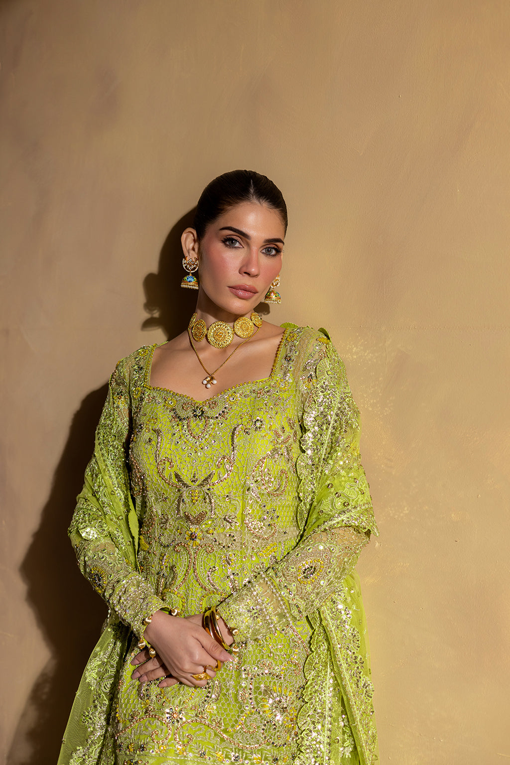Pakistani Lime Embroidered Net & Raw Silk Gharara (3-Piece) - Image 6