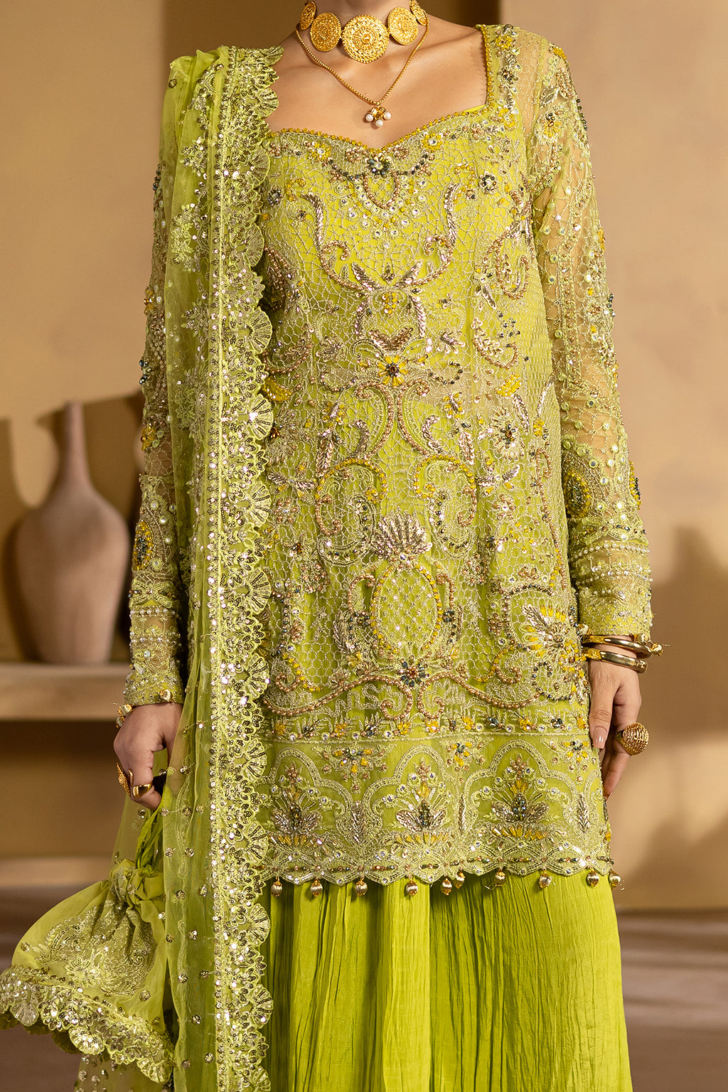 Pakistani Lime Embroidered Net & Raw Silk Gharara (3-Piece) - Image 7