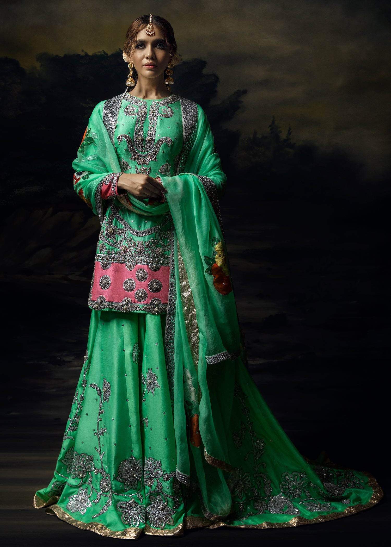 Sea Green & Pink Embellished Raw Silk Gharara (3-Piece) - Image 1