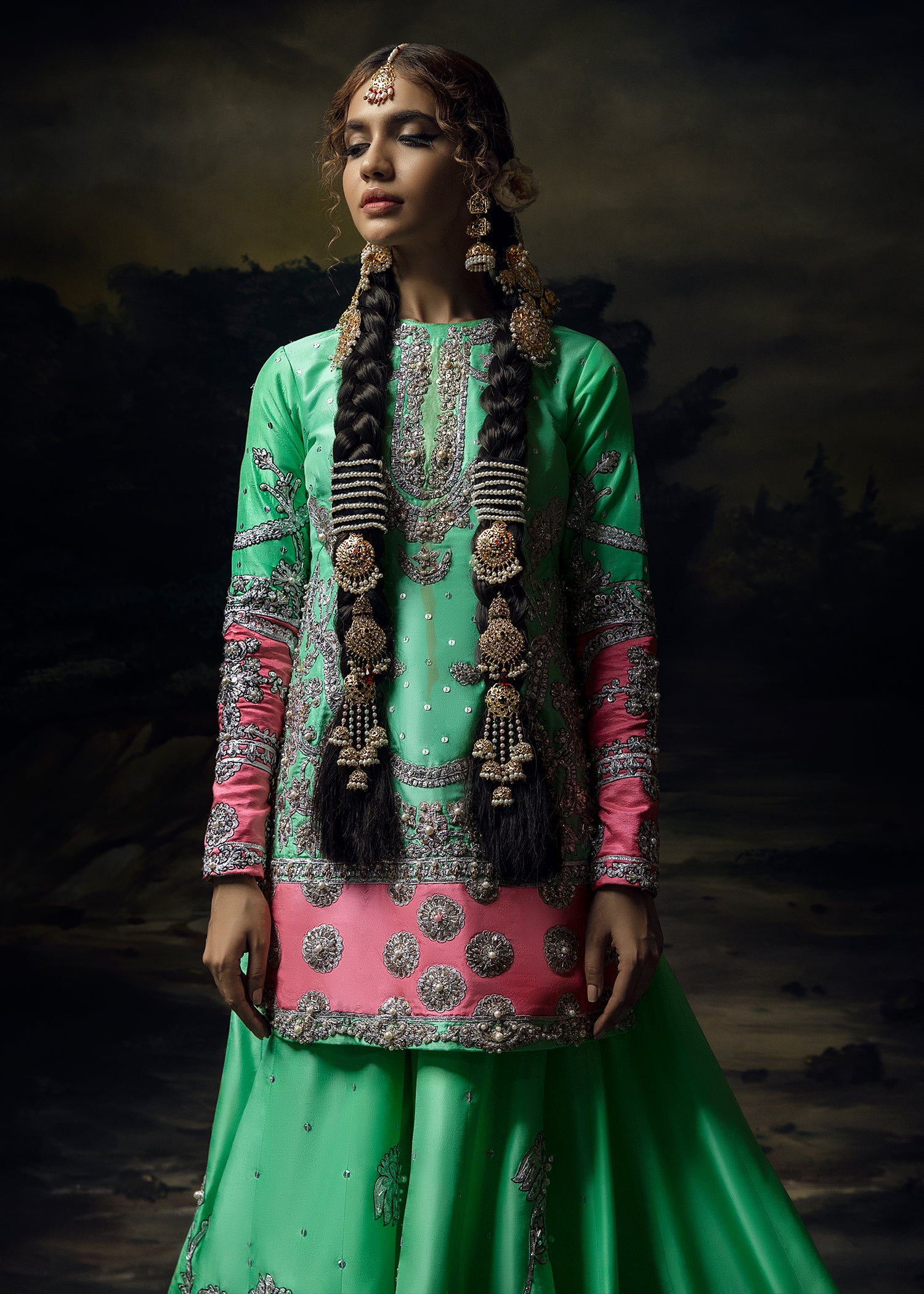 Sea Green & Pink Embellished Raw Silk Gharara (3-Piece) - Image 2