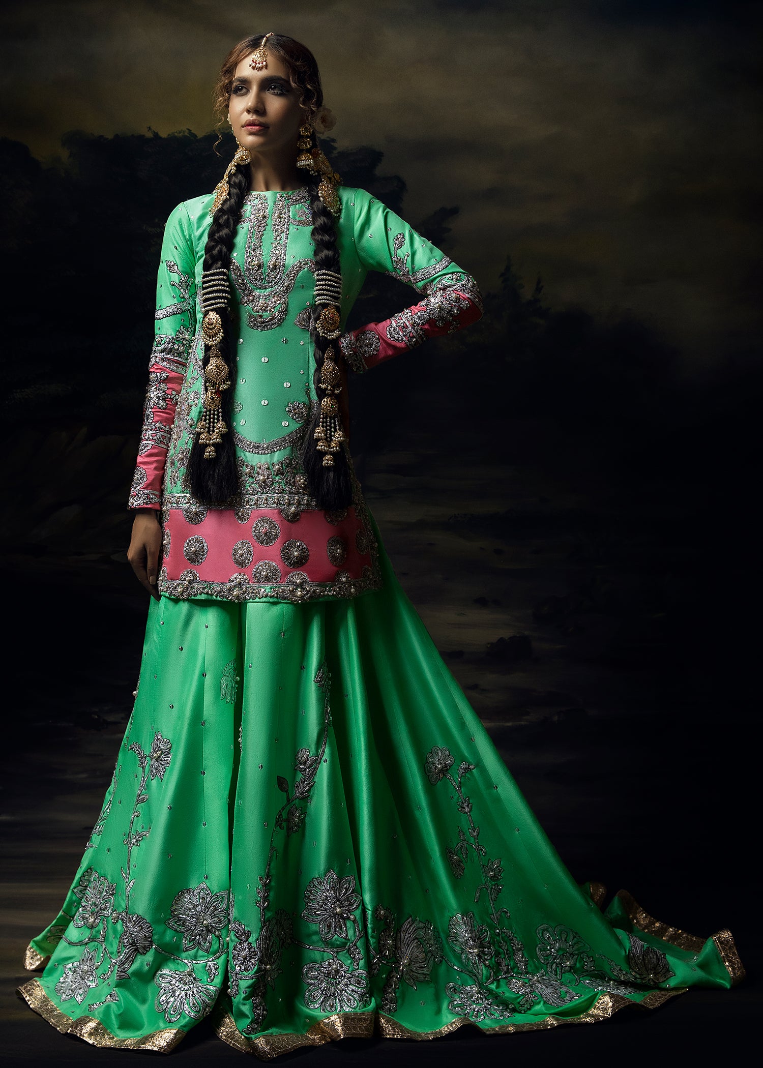 Sea Green & Pink Embellished Raw Silk Gharara (3-Piece) - Image 4