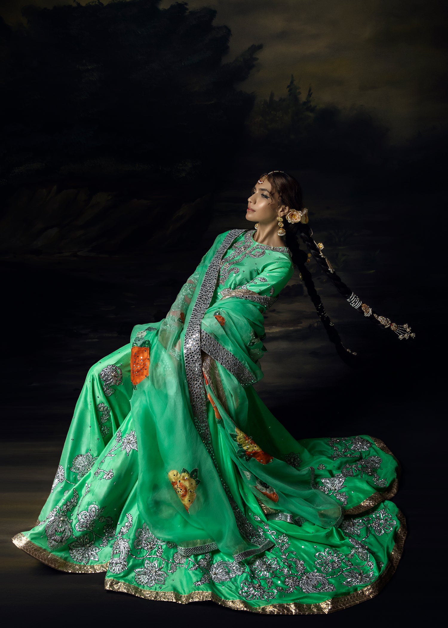 Sea Green & Pink Embellished Raw Silk Gharara (3-Piece) - Image 5