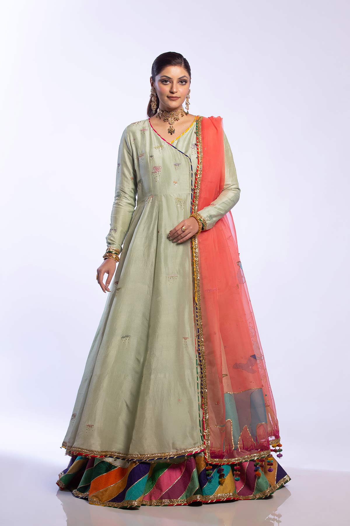 Mint Green Embroidered Raw Silk Angrakha Gharara (3-Piece) - Image 2