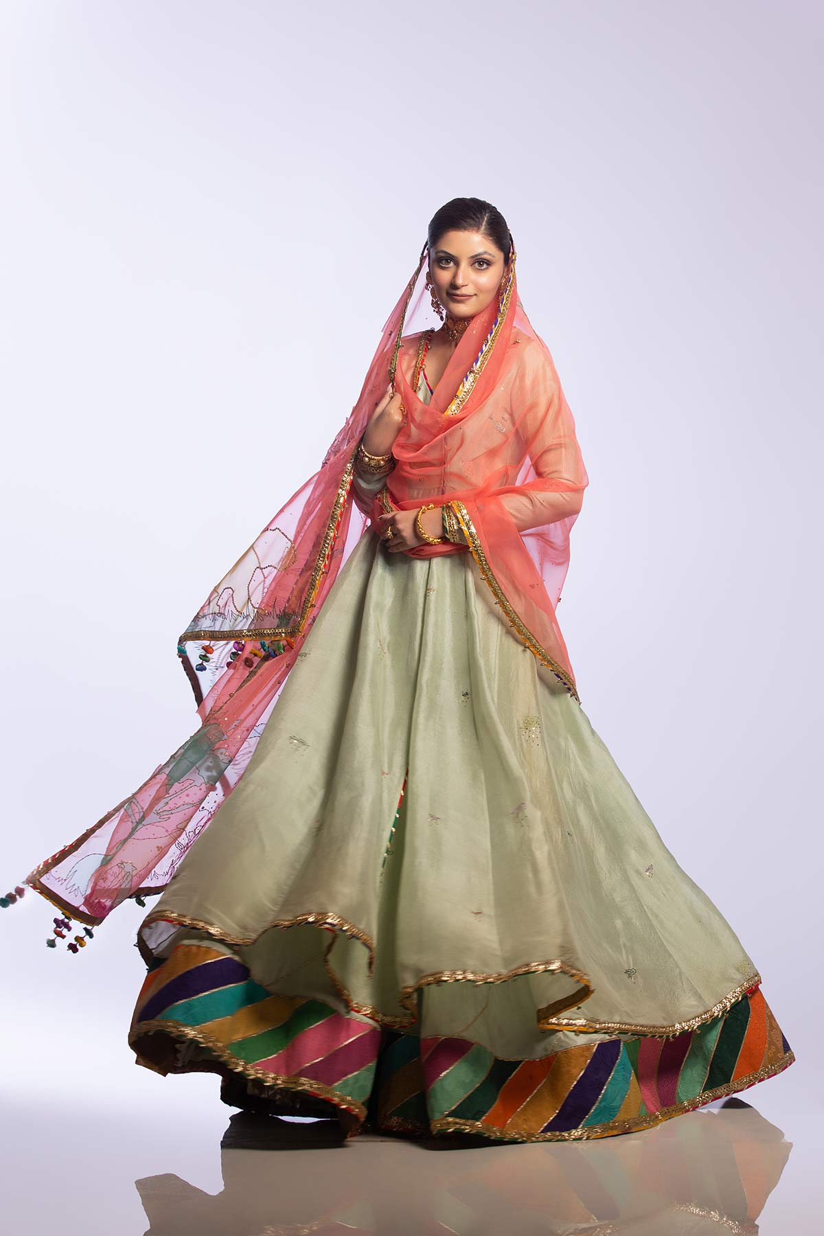 Mint Green Embroidered Raw Silk Angrakha Gharara (3-Piece) - Image 3