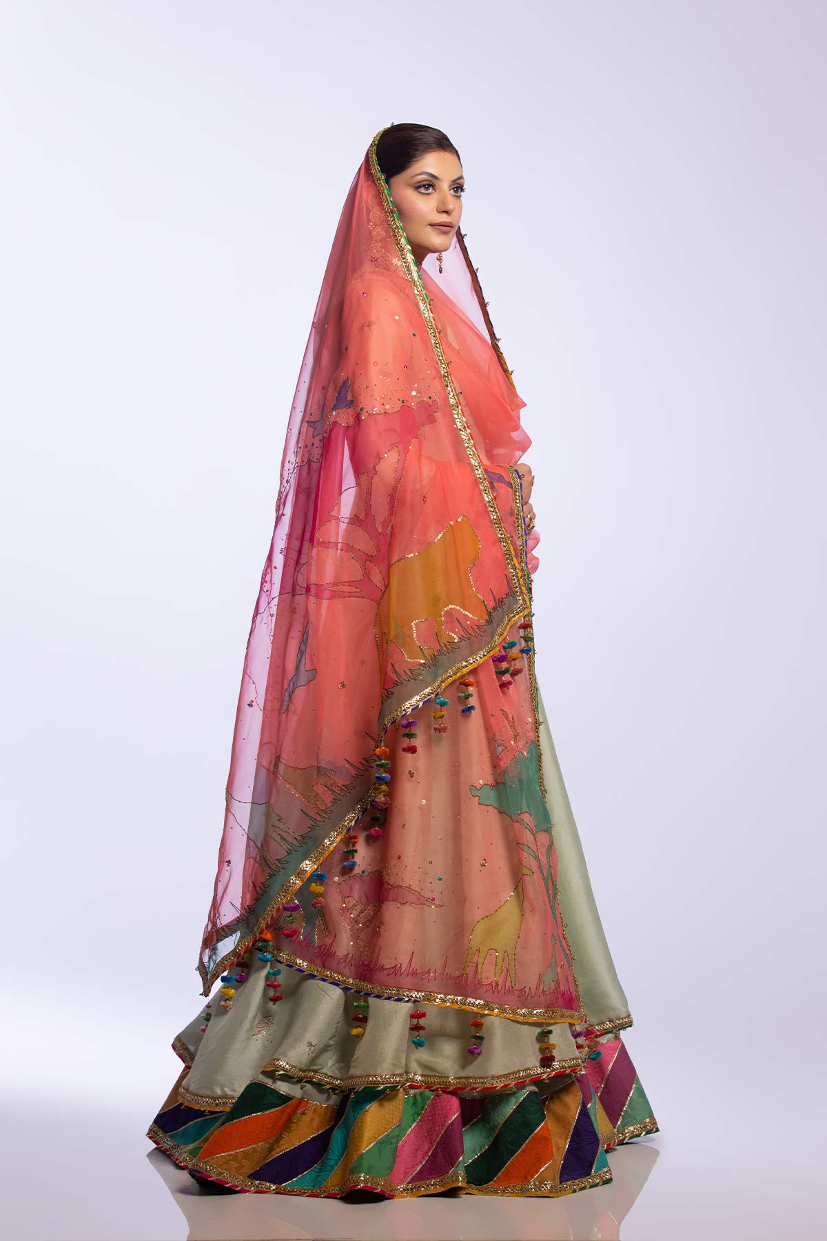 Mint Green Embroidered Raw Silk Angrakha Gharara (3-Piece) - Image 4