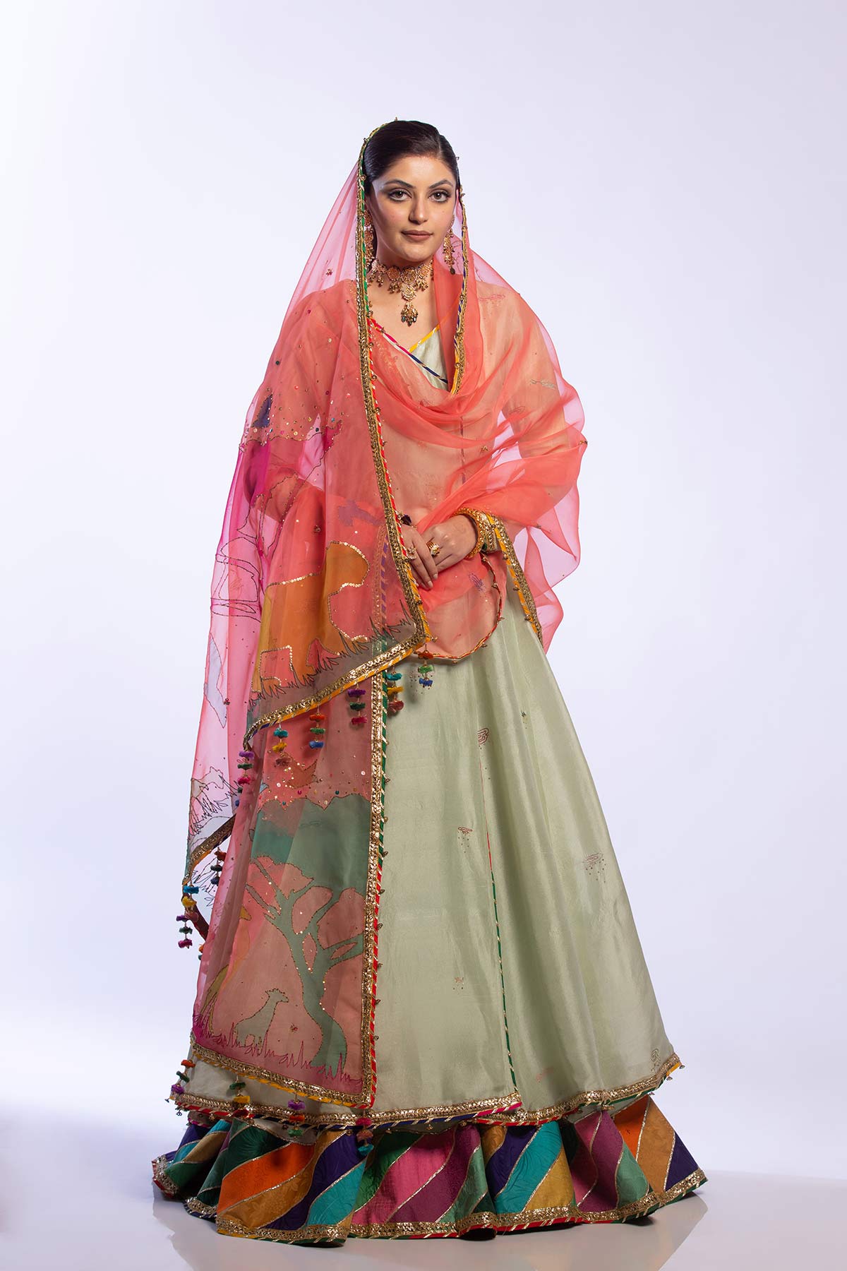 Mint Green Embroidered Raw Silk Angrakha Gharara (3-Piece) - Image 6