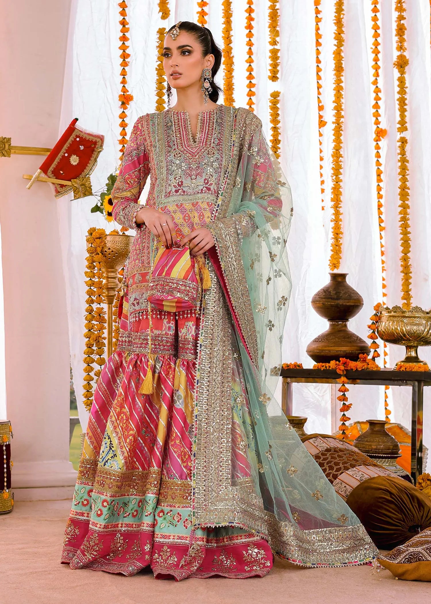 Multi & Sea Green Embroidered Shamoos Silk Gharara (3-Piece) - Image 1