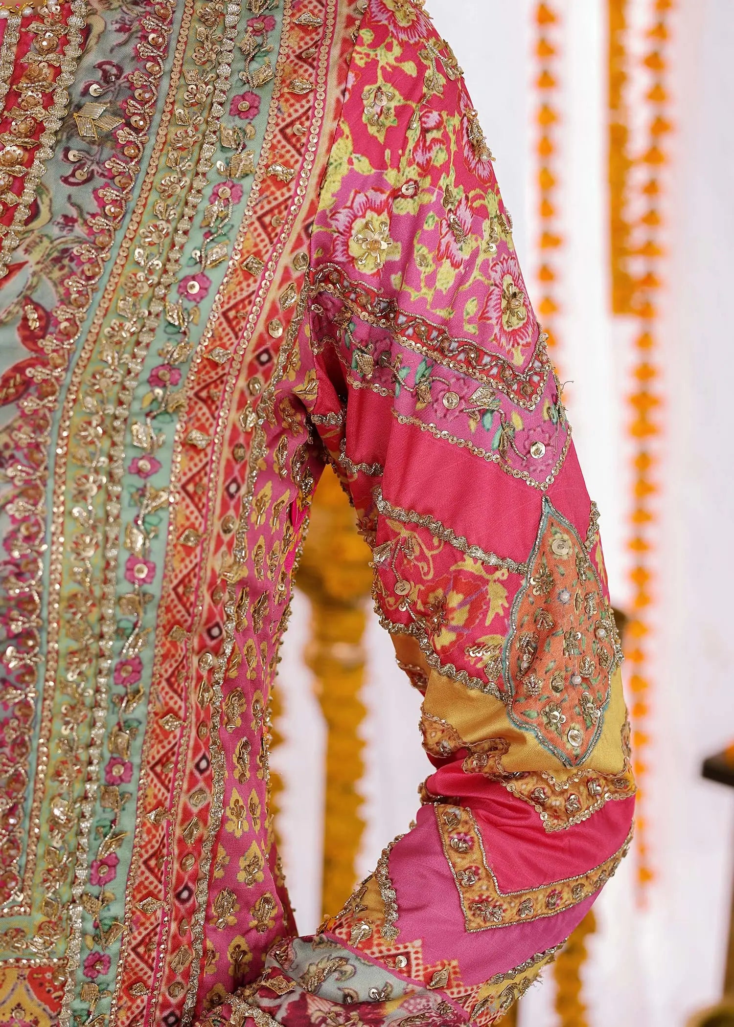 Multi & Sea Green Embroidered Shamoos Silk Gharara (3-Piece) - Image 10