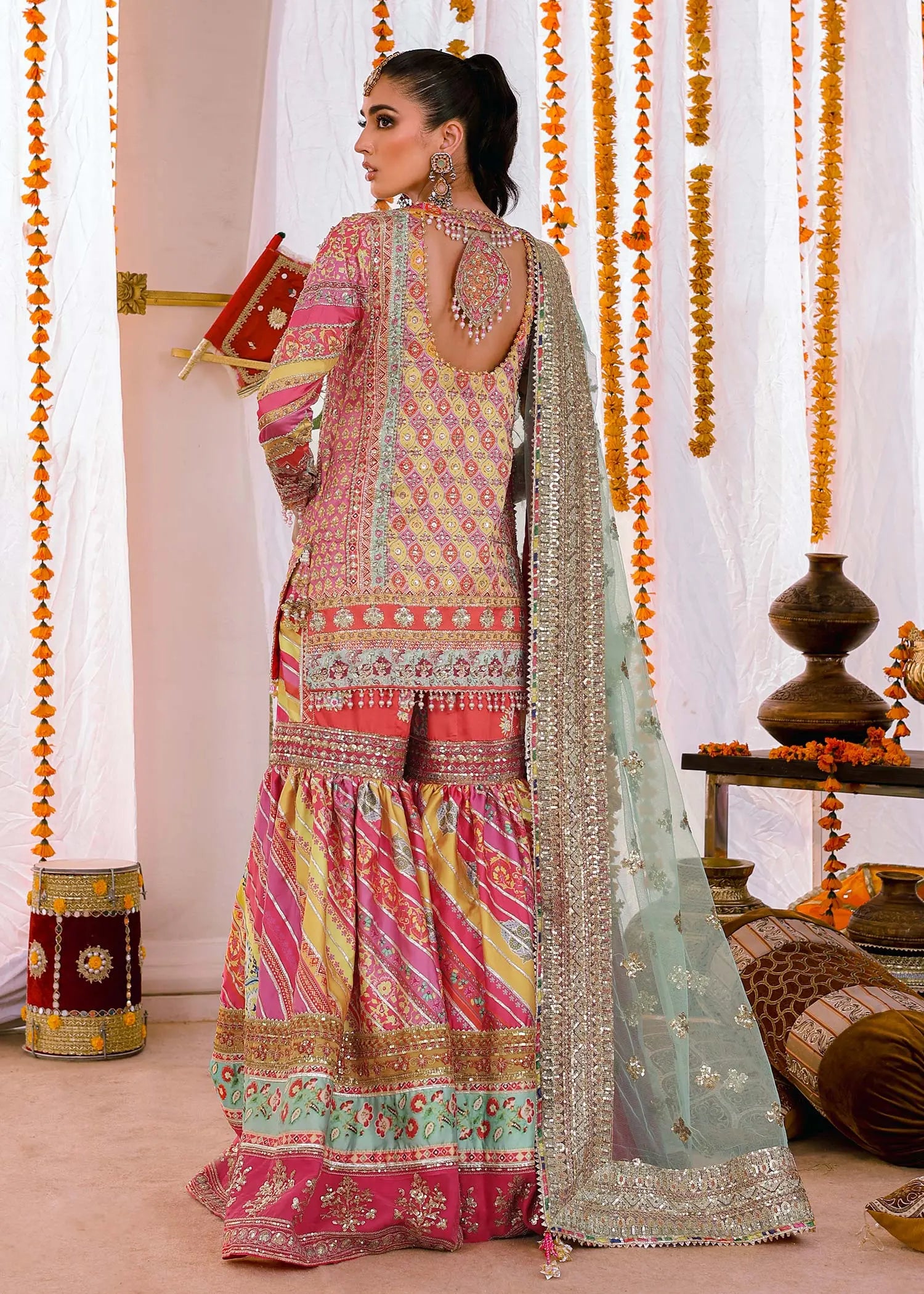 Multi & Sea Green Embroidered Shamoos Silk Gharara (3-Piece) - Image 2