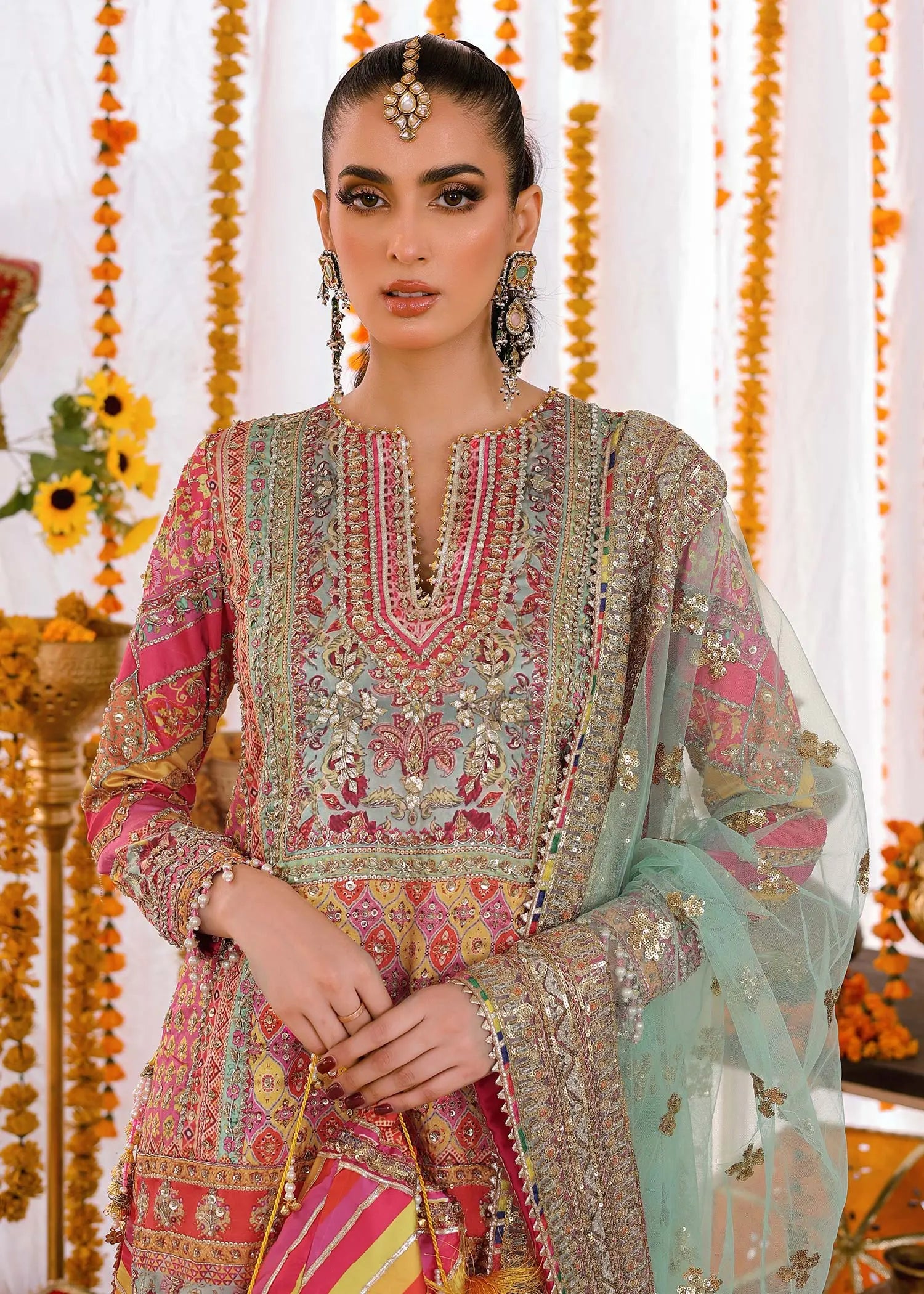 Multi & Sea Green Embroidered Shamoos Silk Gharara (3-Piece) - Image 3