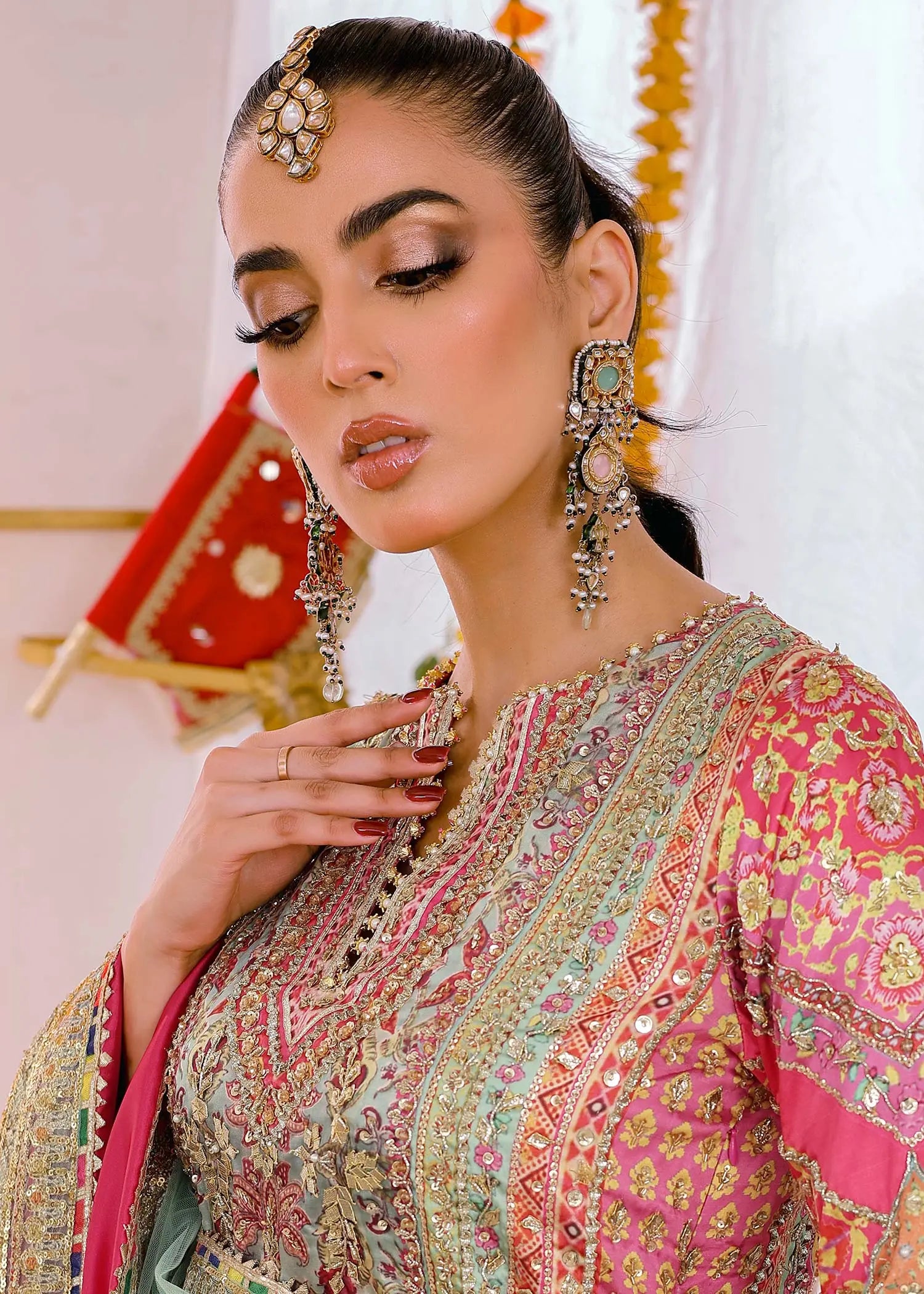 Multi & Sea Green Embroidered Shamoos Silk Gharara (3-Piece) - Image 4