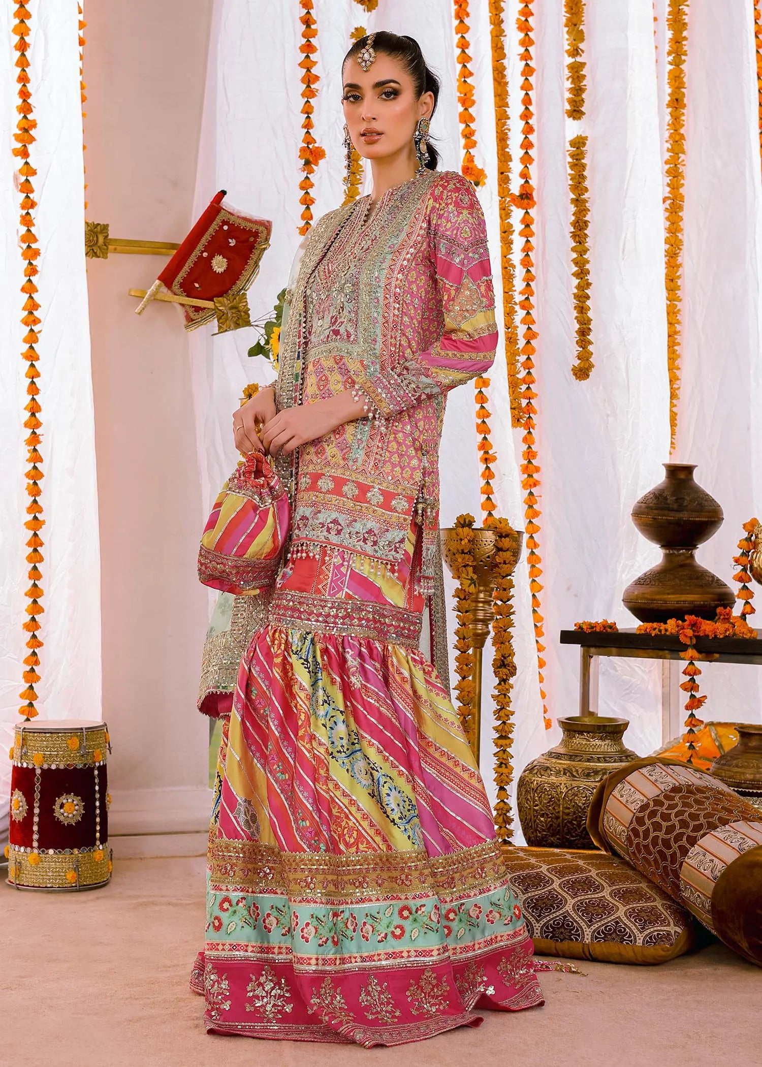 Multi & Sea Green Embroidered Shamoos Silk Gharara (3-Piece) - Image 5