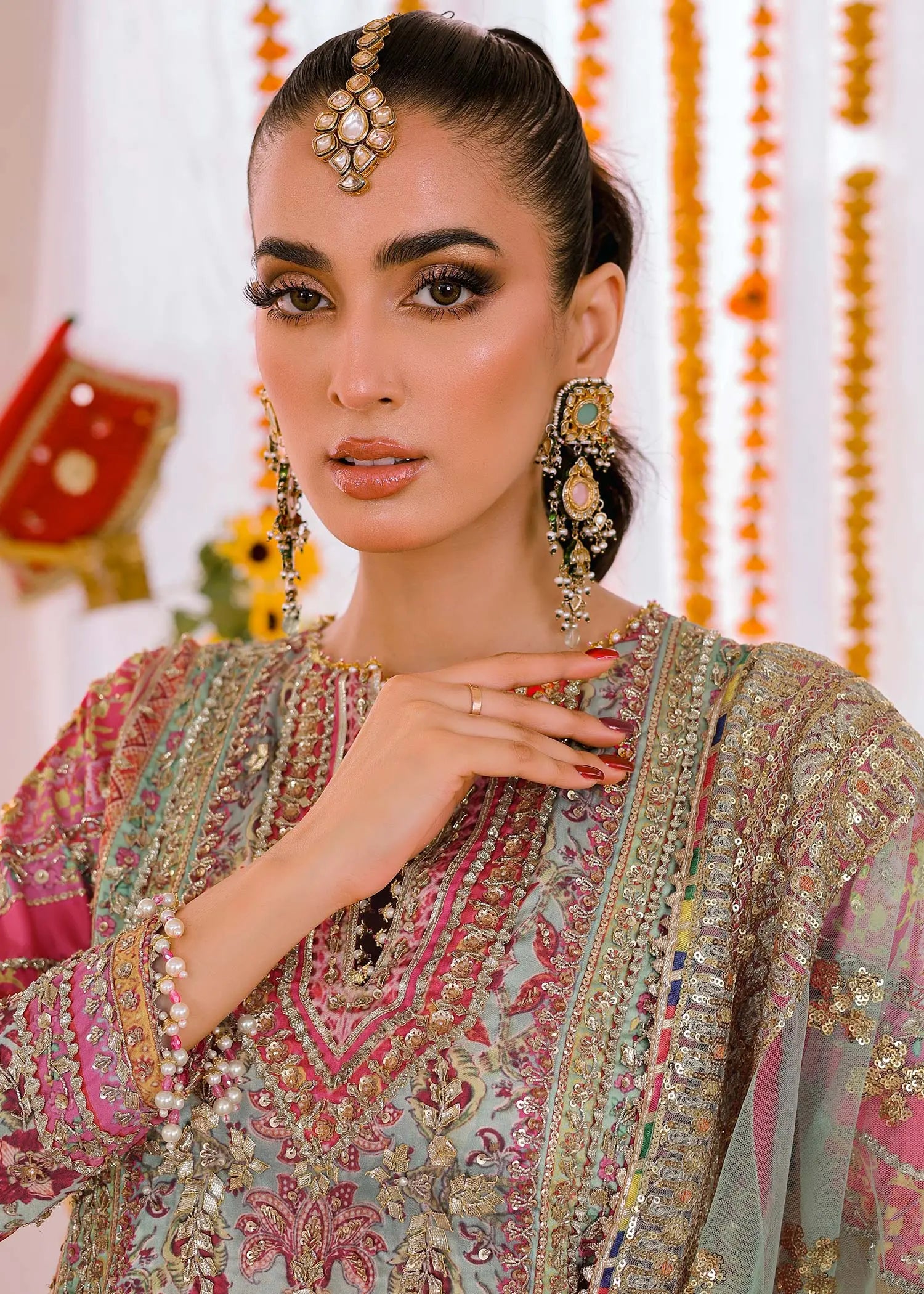 Multi & Sea Green Embroidered Shamoos Silk Gharara (3-Piece) - Image 6