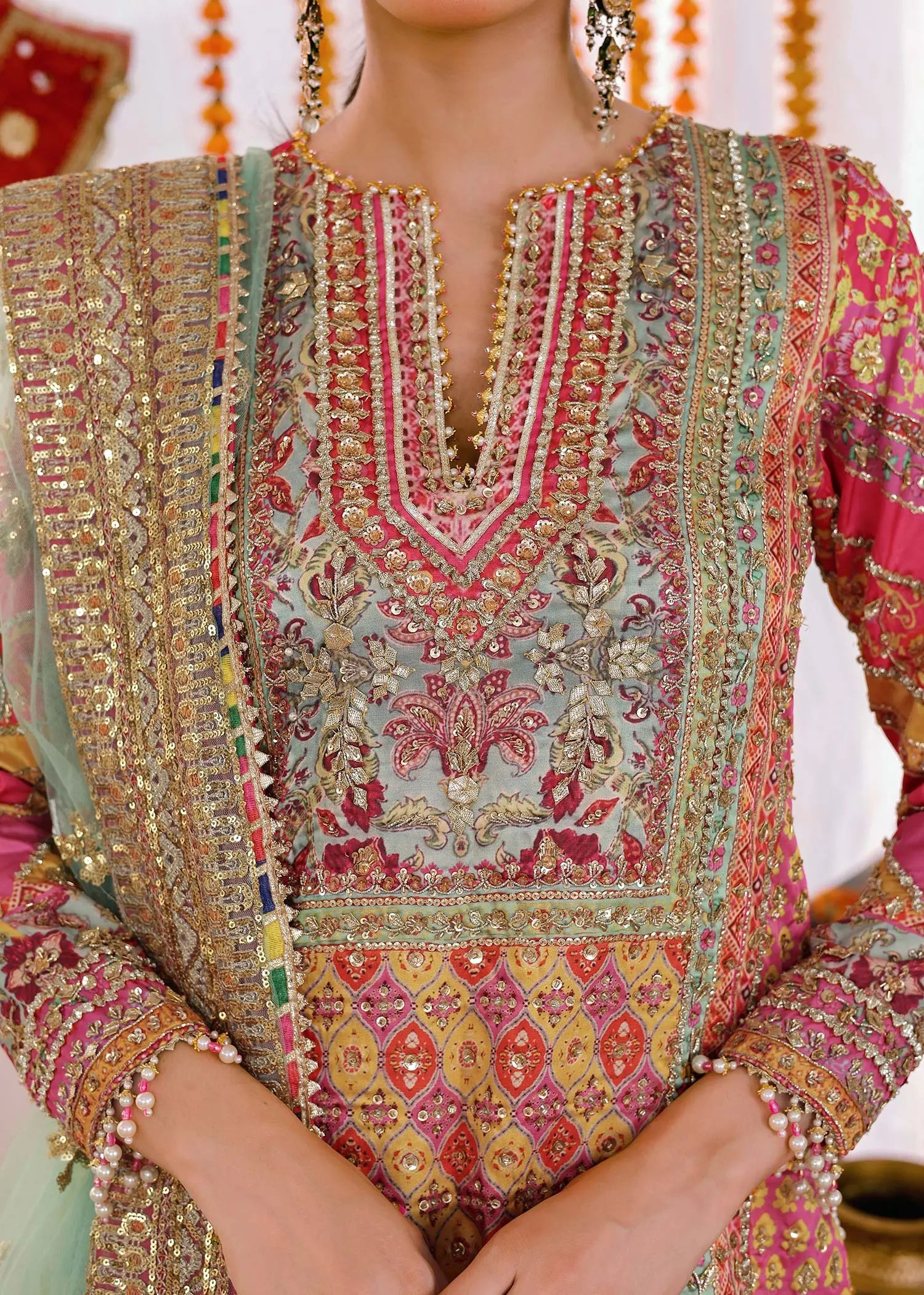 Multi & Sea Green Embroidered Shamoos Silk Gharara (3-Piece) - Image 7