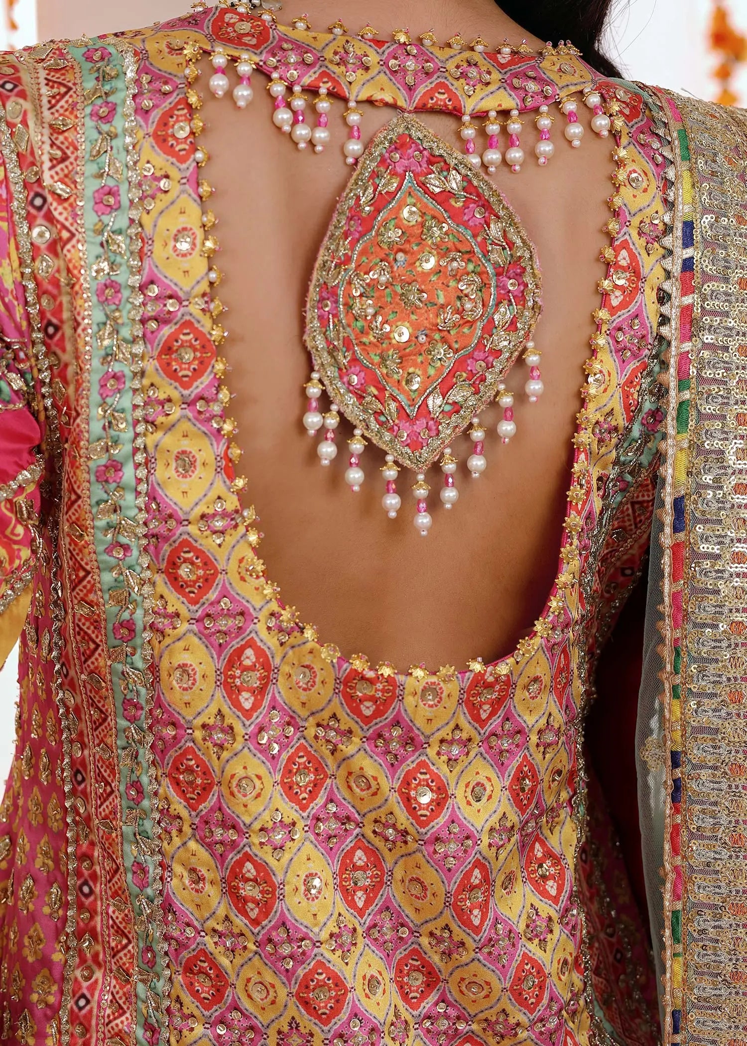 Multi & Sea Green Embroidered Shamoos Silk Gharara (3-Piece) - Image 8