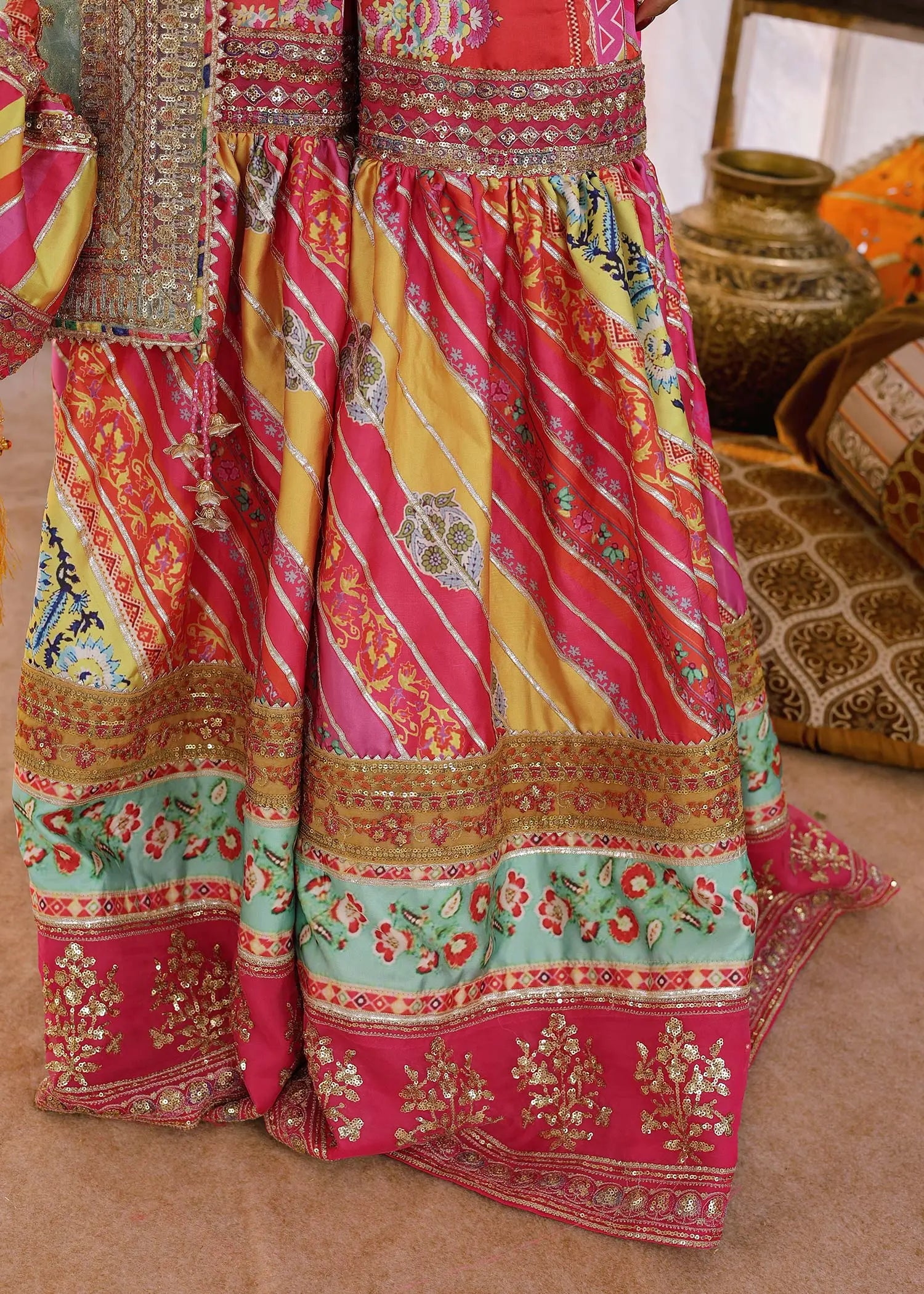 Multi & Sea Green Embroidered Shamoos Silk Gharara (3-Piece) - Image 9