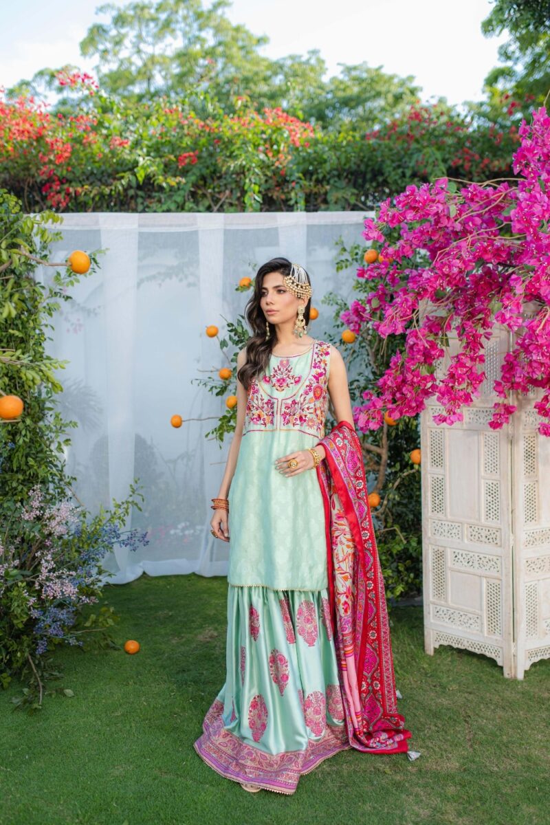Pakistani Sea Green Hand-Embellished Silk Gharara Set (3-Piece) - Image 1