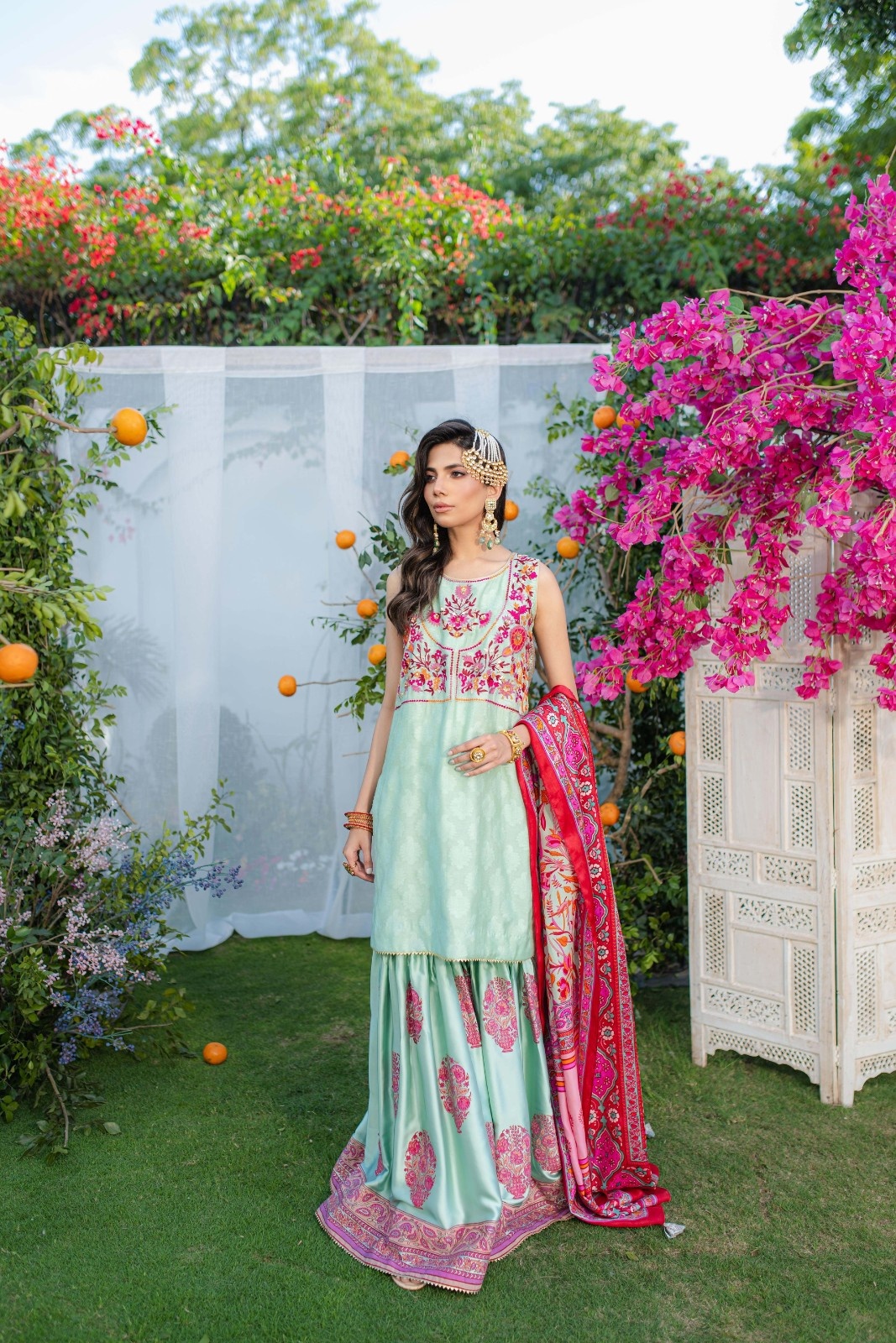 Pakistani Sea Green Hand-Embellished Silk Gharara Set (3-Piece) - Image 2