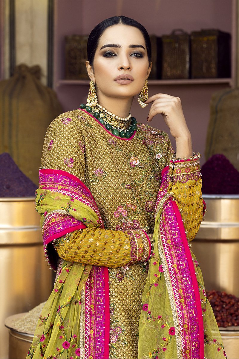 Pakistani Green Hand-Embellished Silk Gharara Set (3-Piece) - Image 5