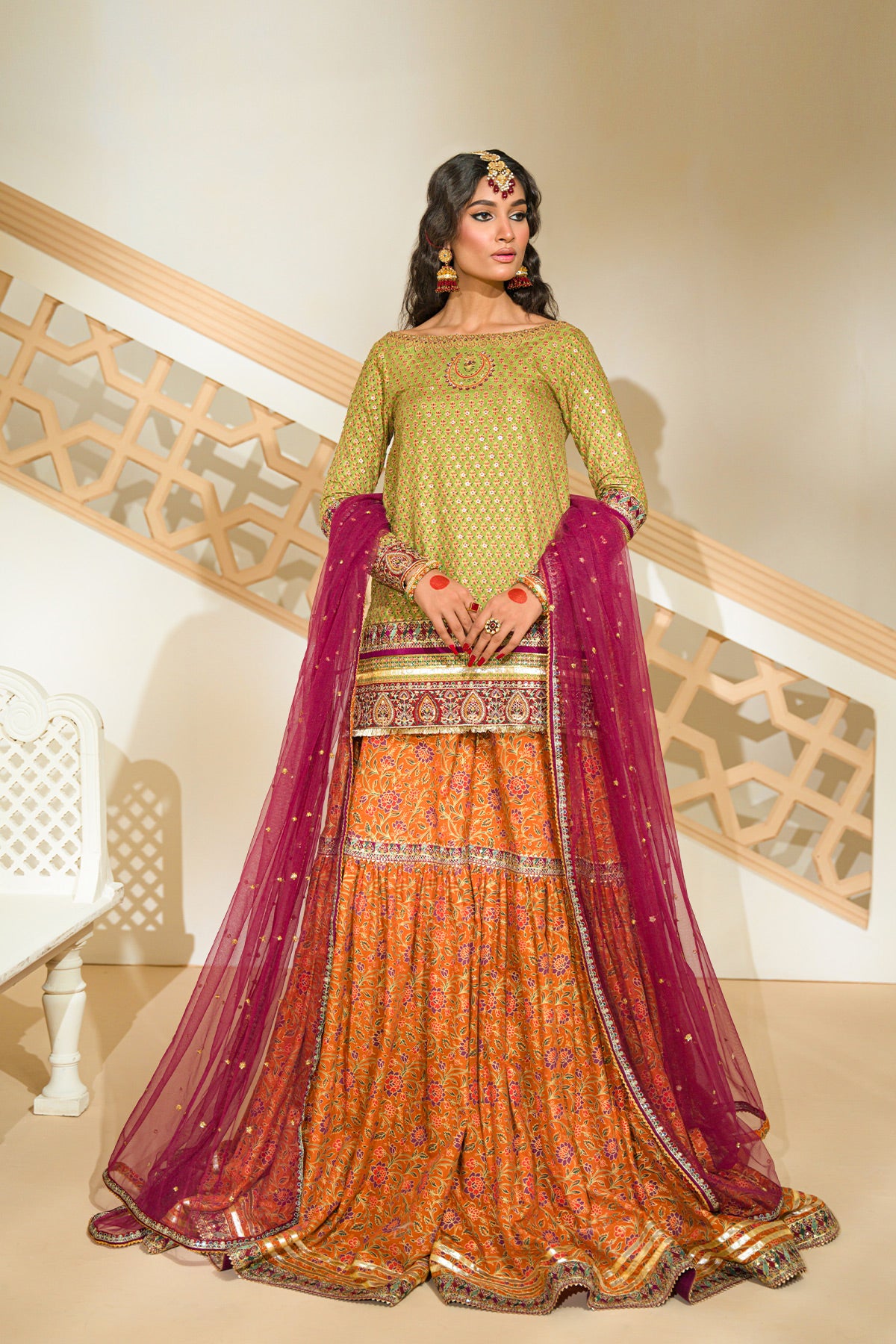 Forest Green Embroidered Silk & Net Gharara (3-Piece) - Image 1
