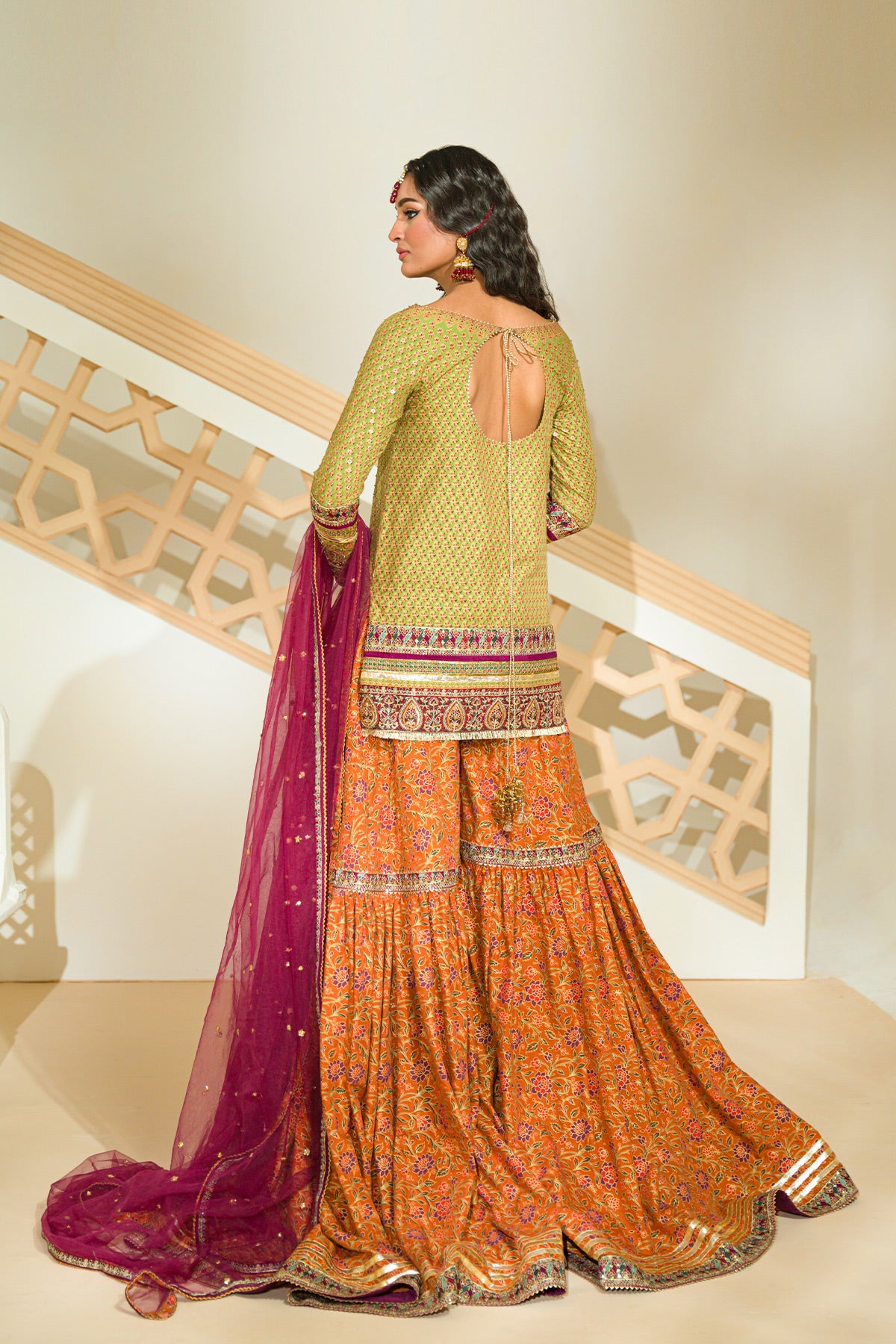 Forest Green Embroidered Silk & Net Gharara (3-Piece) - Image 2