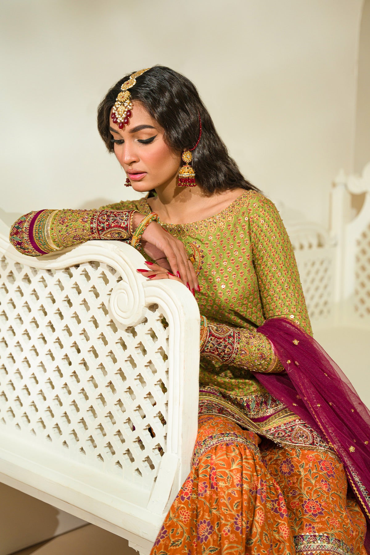 Forest Green Embroidered Silk & Net Gharara (3-Piece) - Image 3