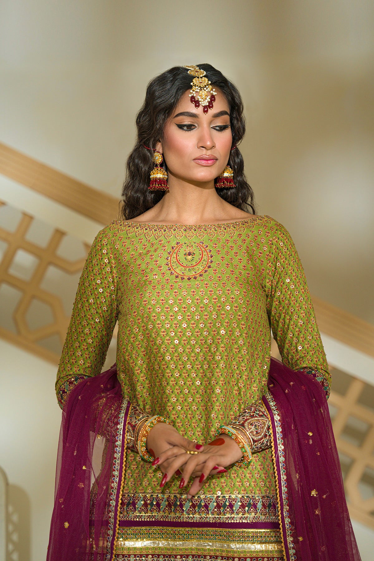 Forest Green Embroidered Silk & Net Gharara (3-Piece) - Image 4