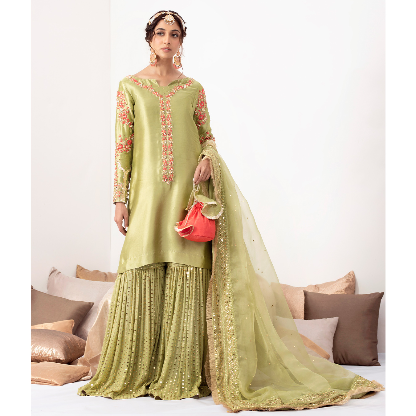 Pakistani Apple Green Zardozi Tissue Silk Gharara (4-Piece) - Image 1