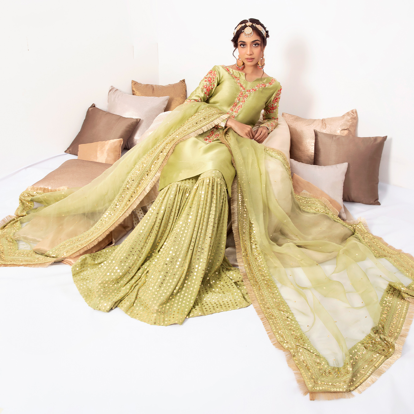 Pakistani Apple Green Zardozi Tissue Silk Gharara (4-Piece) - Image 2