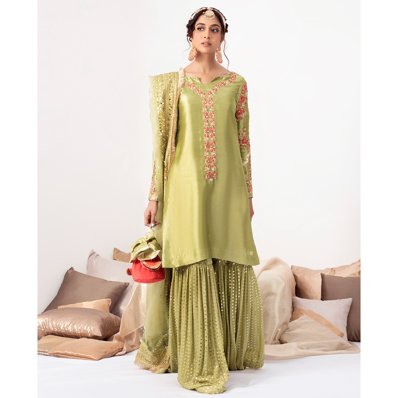 Pakistani Apple Green Zardozi Tissue Silk Gharara (4-Piece) - Image 3