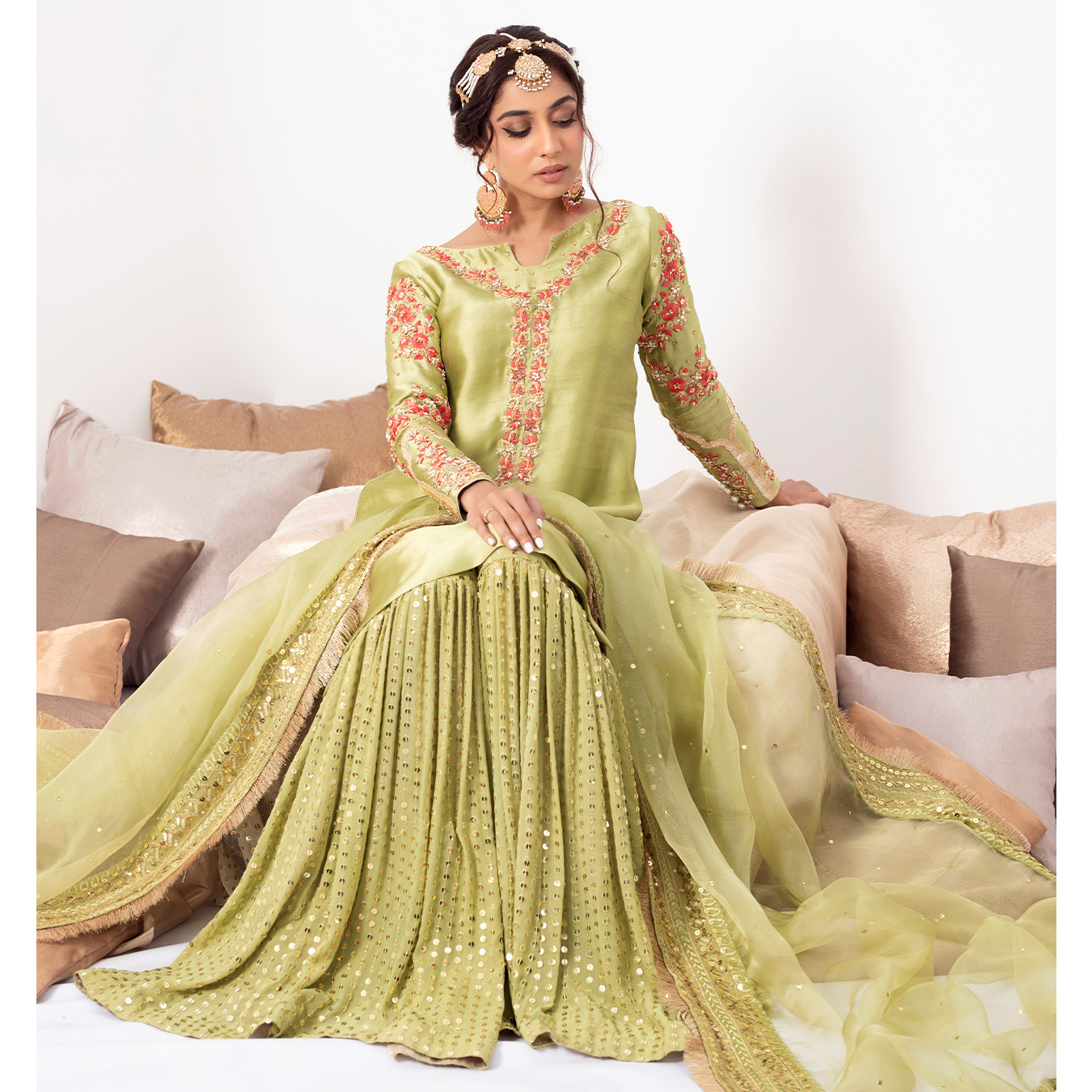 Pakistani Apple Green Zardozi Tissue Silk Gharara (4-Piece) - Image 4