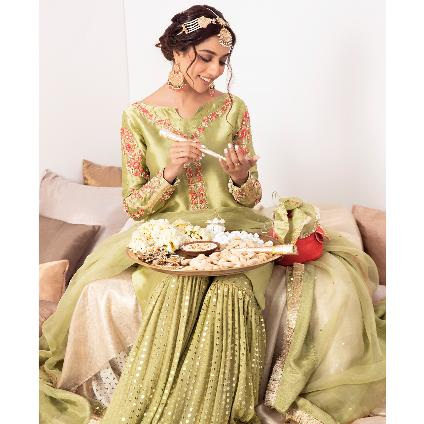 Pakistani Apple Green Zardozi Tissue Silk Gharara (4-Piece) - Image 6