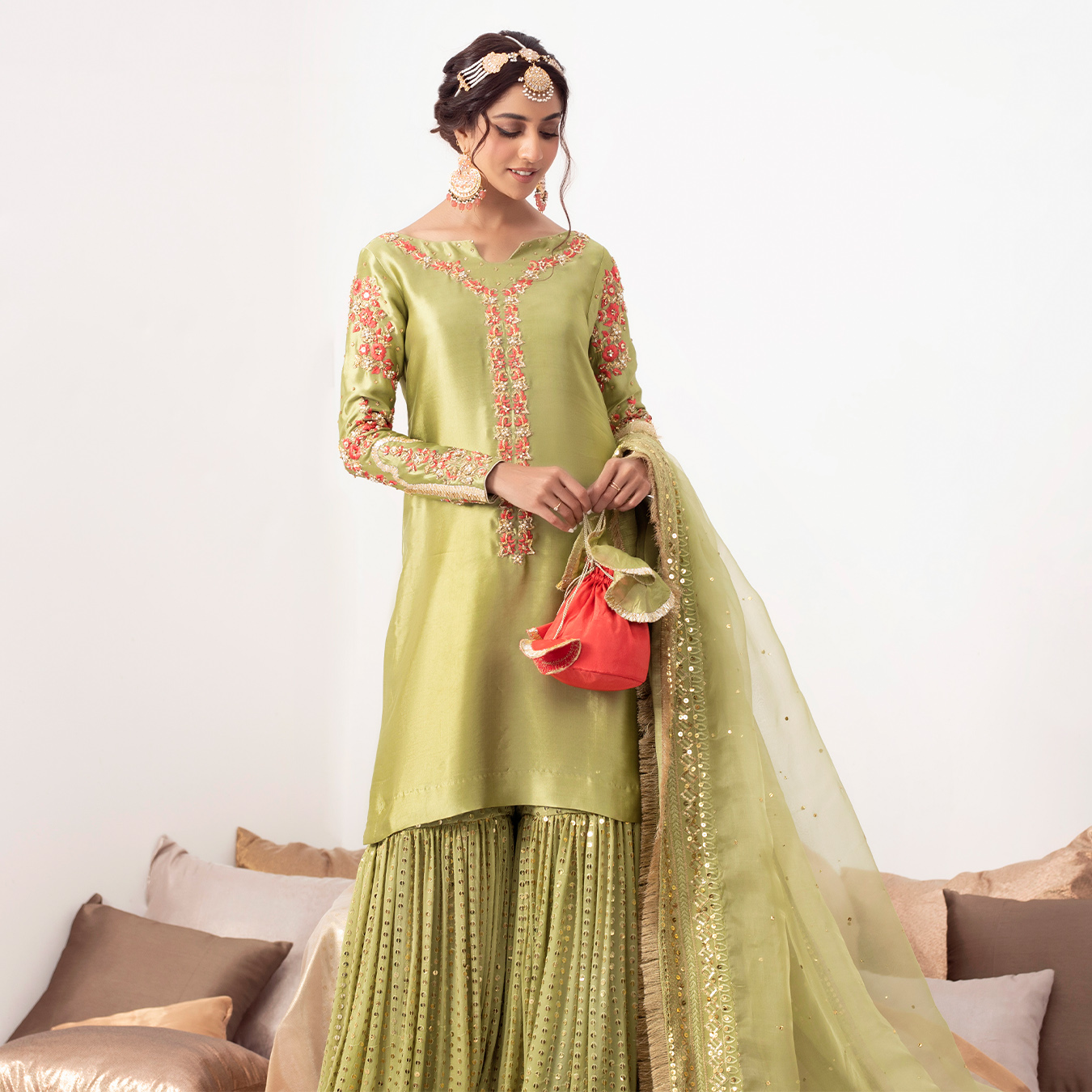 Pakistani Apple Green Zardozi Tissue Silk Gharara (4-Piece) - Image 7