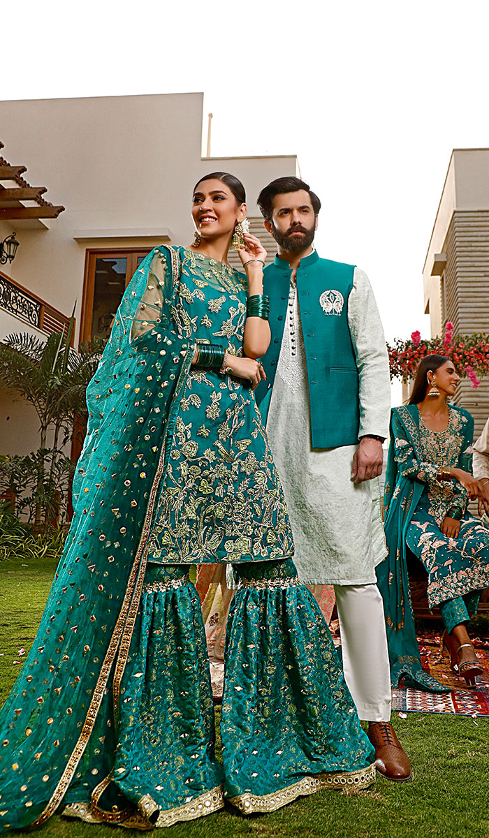 Pakistani Teal Embroidered Silk-Blend Gharara Set (3-Piece) - Image 1