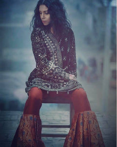 Bottle Green Embroidered Velvet Gharara (2-Piece) - Image 2