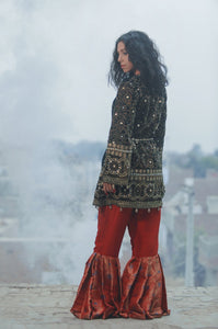 Bottle Green Embroidered Velvet Gharara (2-Piece) - Image 4