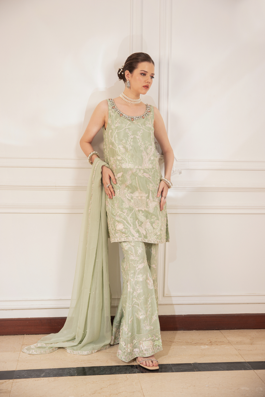 Pakistani Sea Green Embroidered Viscose Raw Silk Gharara (3-Piece) - Image 2