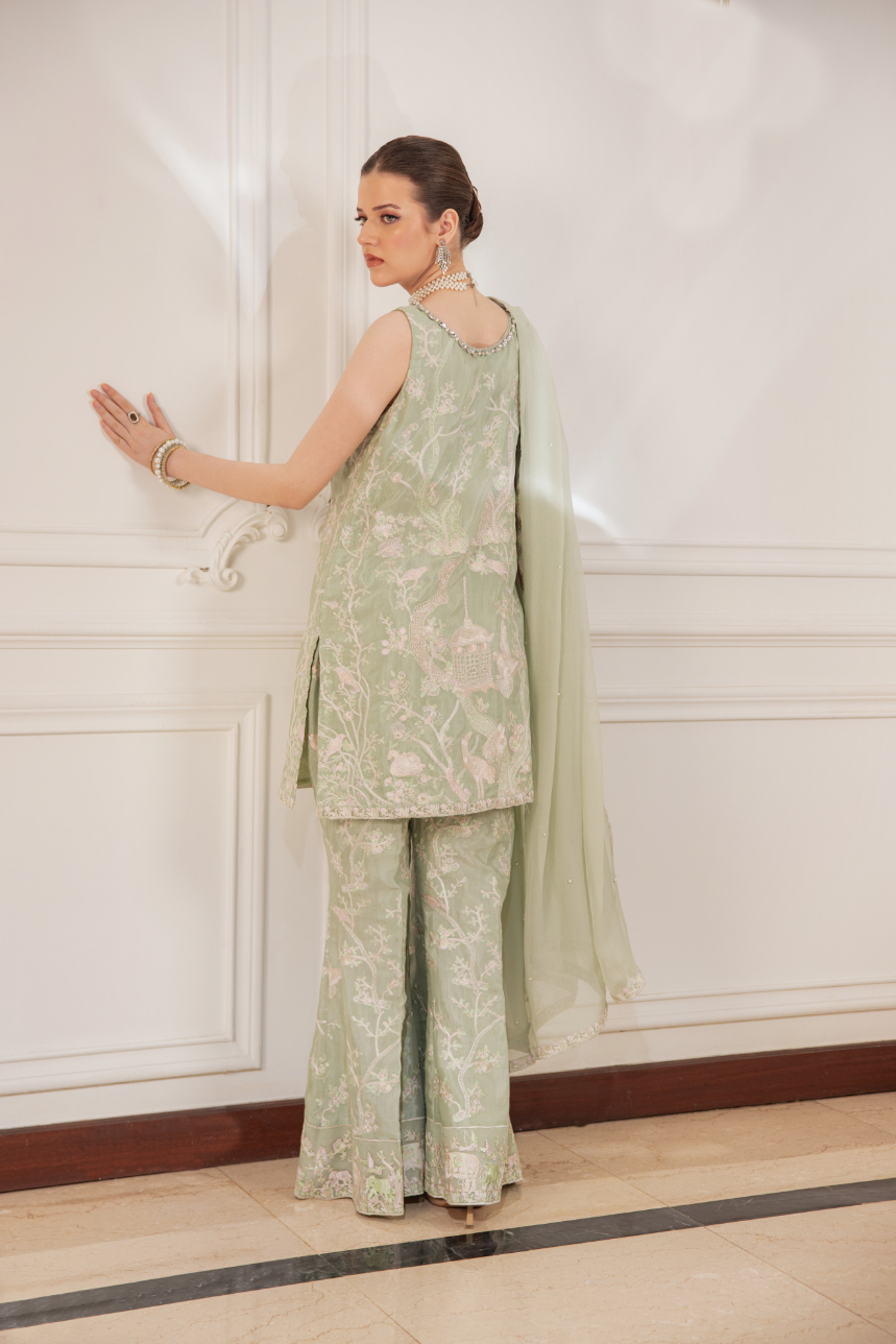 Pakistani Sea Green Embroidered Viscose Raw Silk Gharara (3-Piece) - Image 3