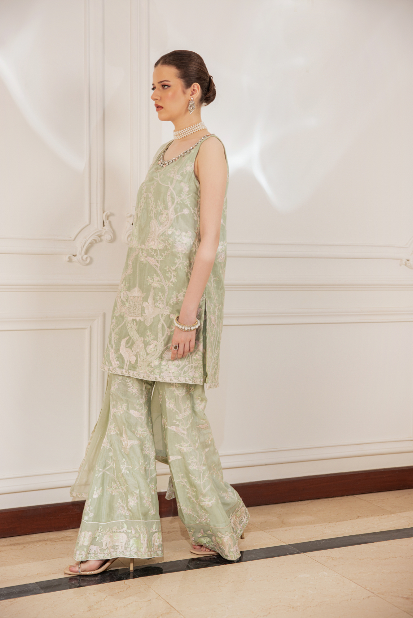 Pakistani Sea Green Embroidered Viscose Raw Silk Gharara (3-Piece) - Image 4