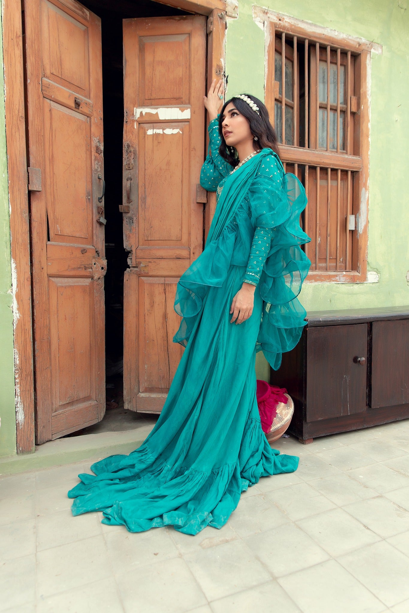Pakistani Teal Embellished Cotton Silk Gown (3-Piece) - Image 1