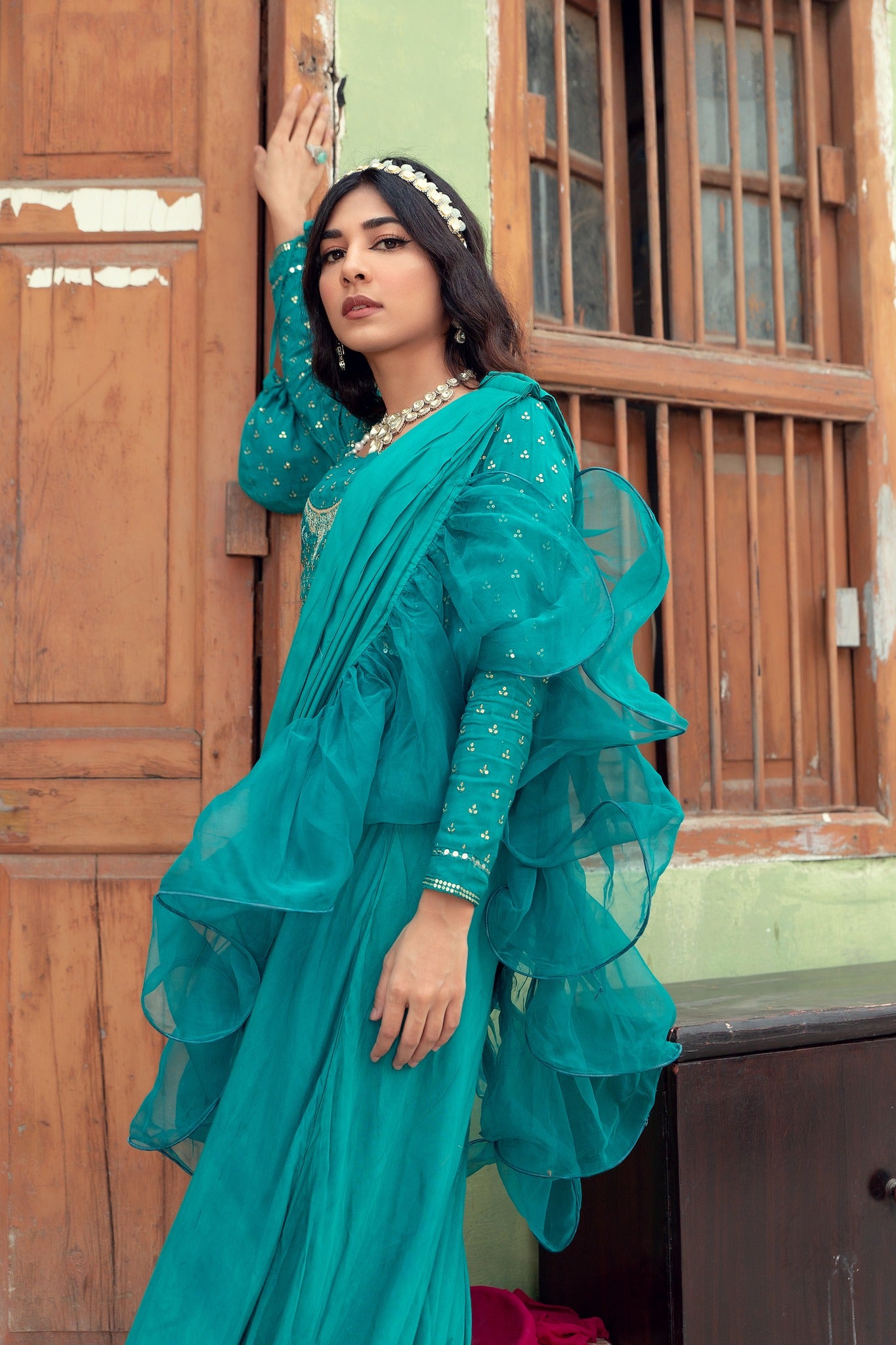 Pakistani Teal Embellished Cotton Silk Gown (3-Piece) - Image 10