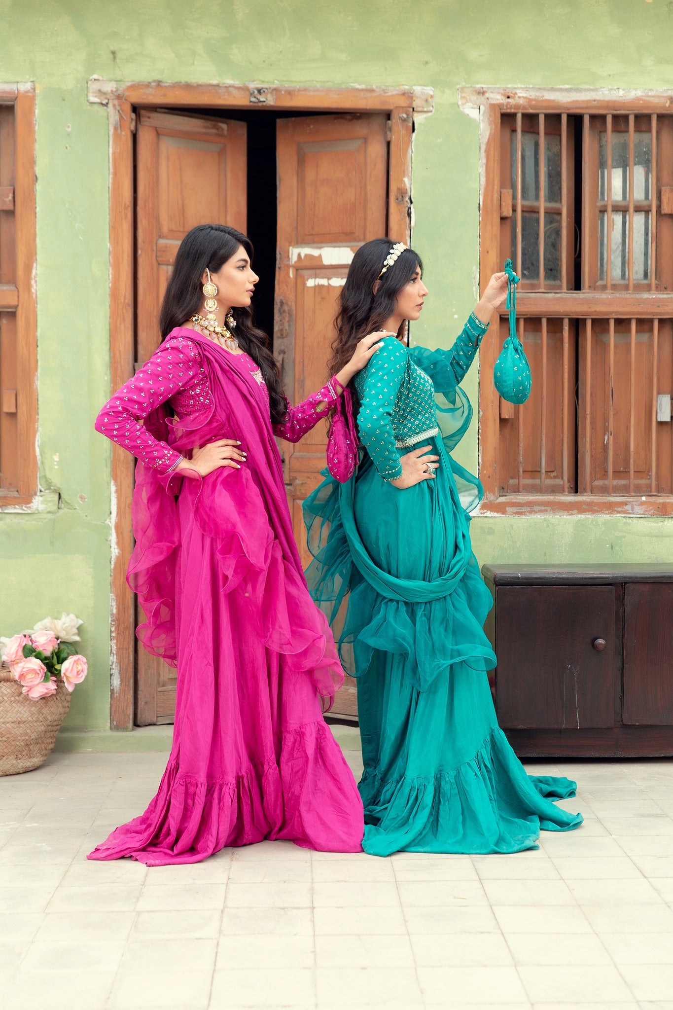 Pakistani Teal Embellished Cotton Silk Gown (3-Piece) - Image 3