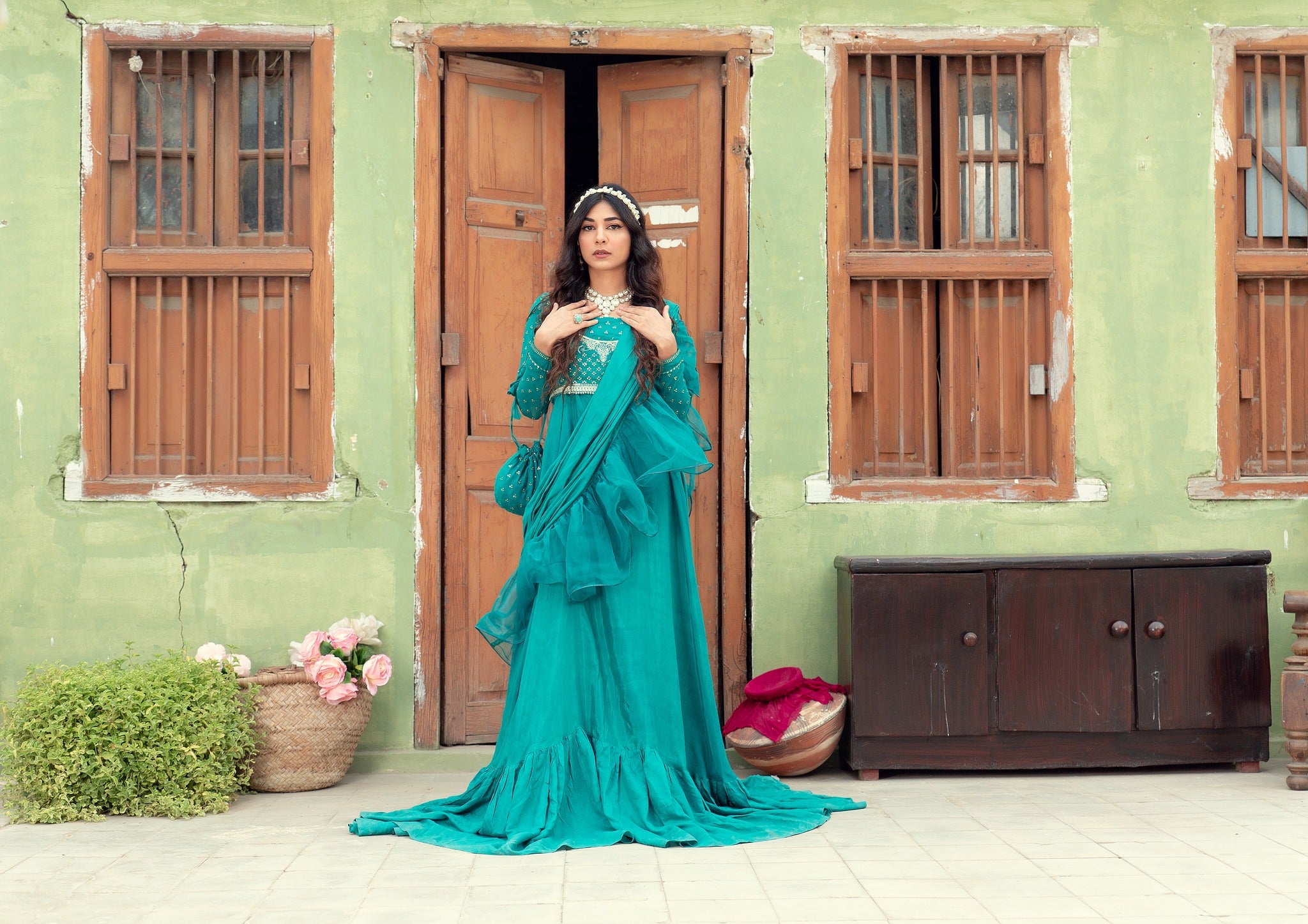 Pakistani Teal Embellished Cotton Silk Gown (3-Piece) - Image 4