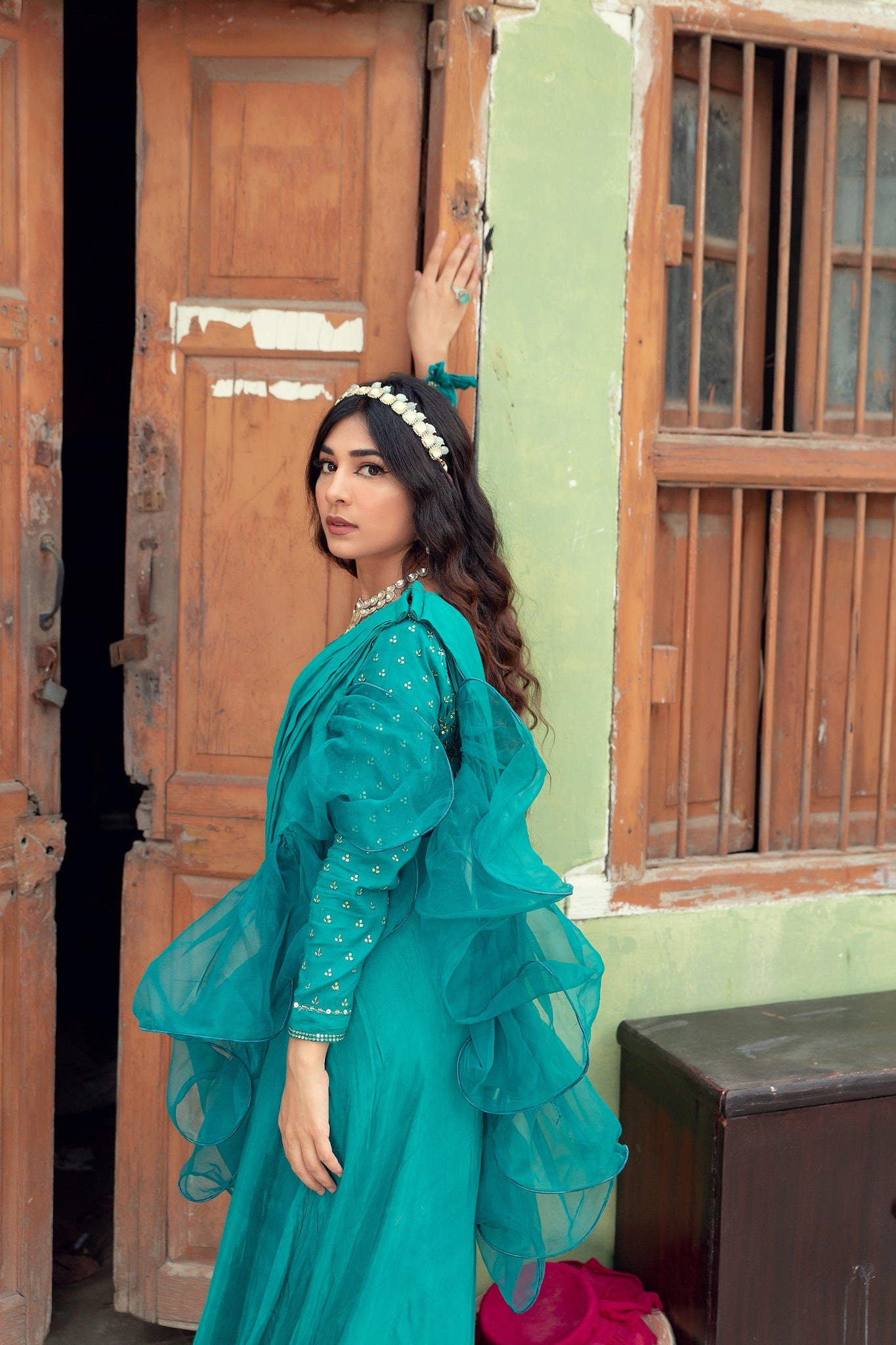 Pakistani Teal Embellished Cotton Silk Gown (3-Piece) - Image 7