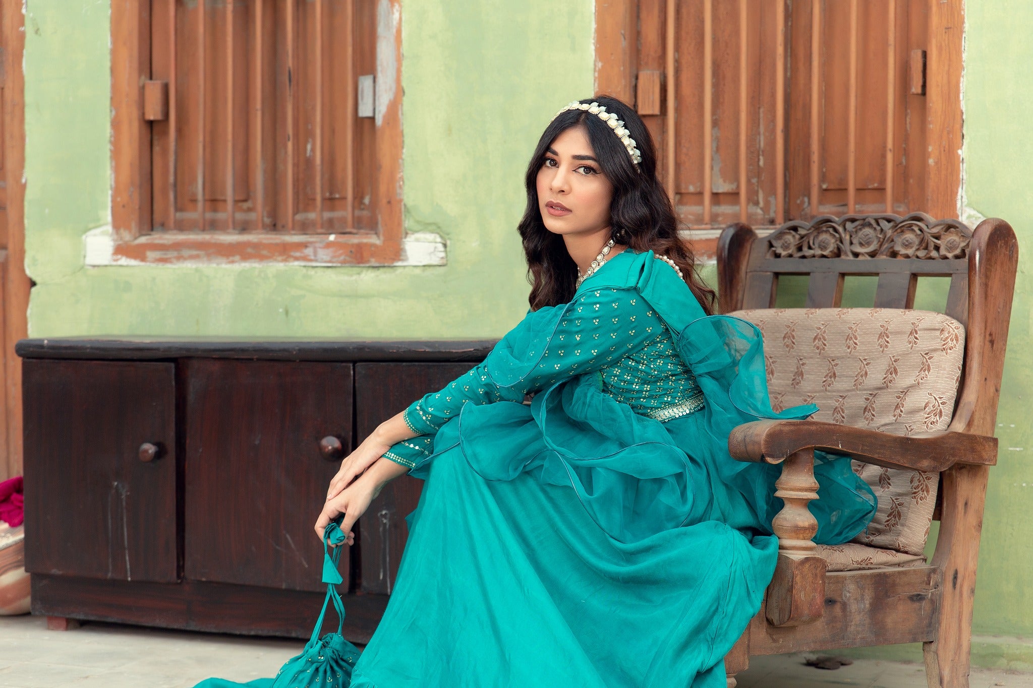 Pakistani Teal Embellished Cotton Silk Gown (3-Piece) - Image 8
