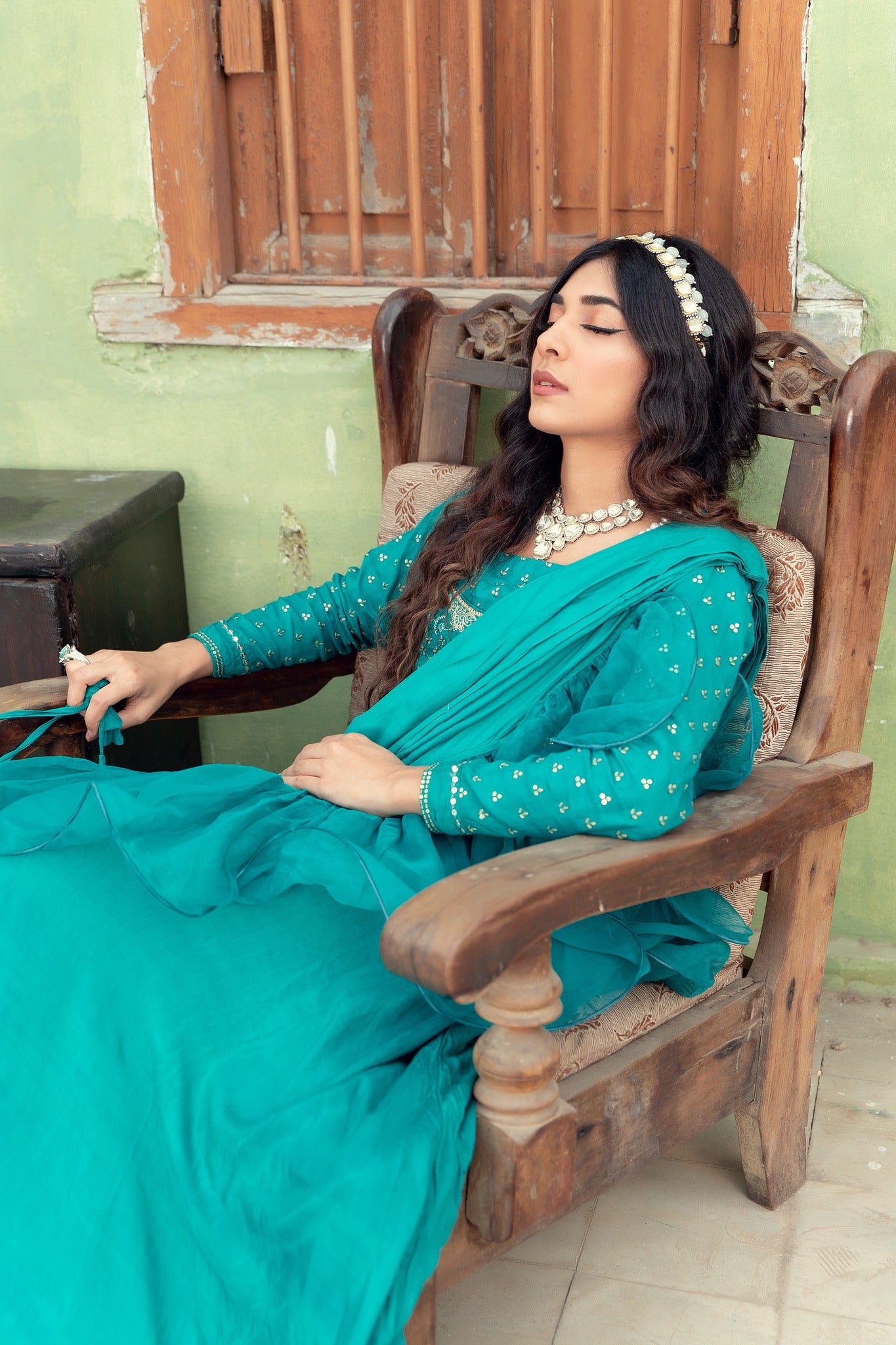 Pakistani Teal Embellished Cotton Silk Gown (3-Piece) - Image 9