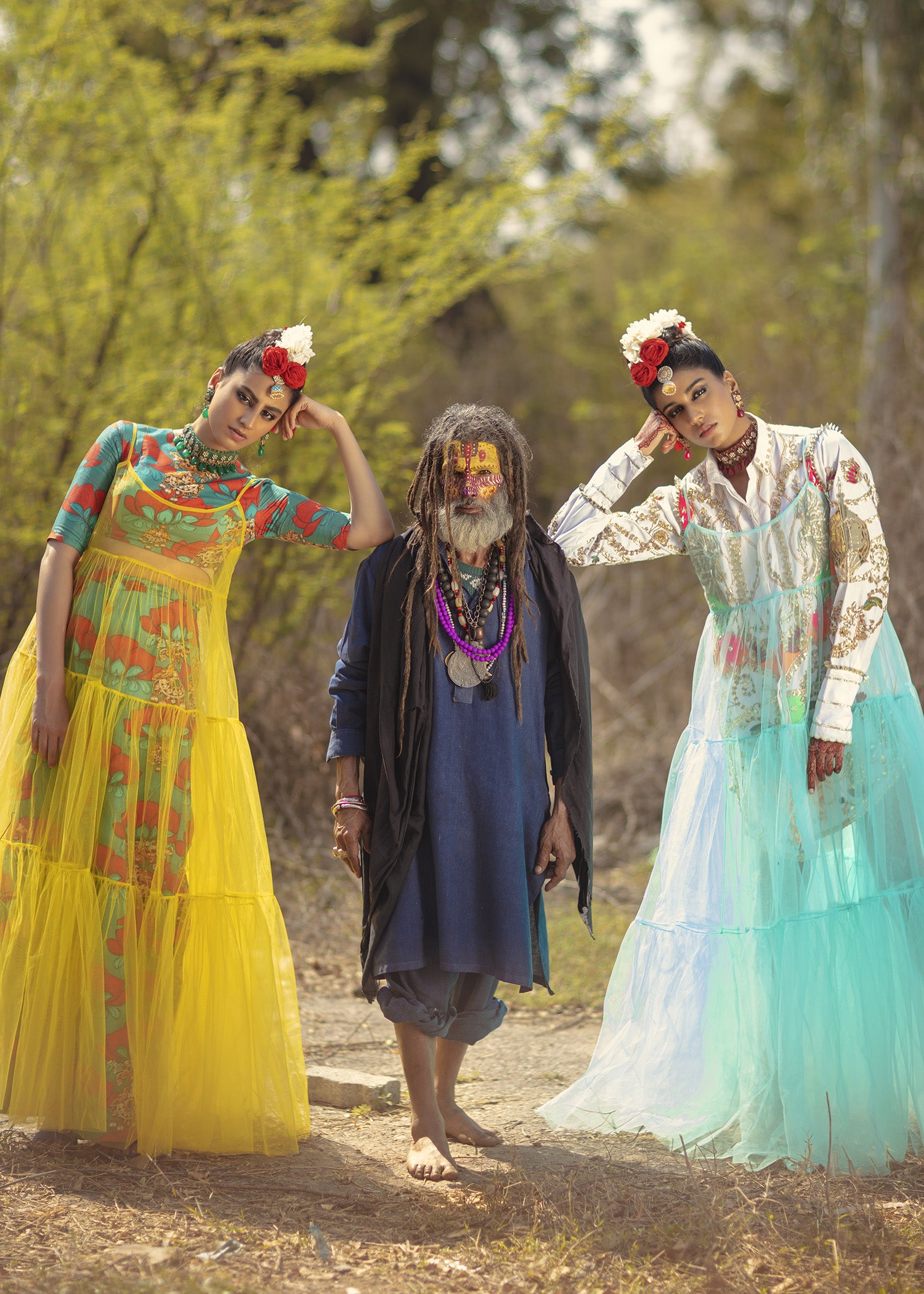 Pakistani Sea-Green Digital Printed Raw Silk Skirt & Lime Net Gown (3-Piece) - Image 3