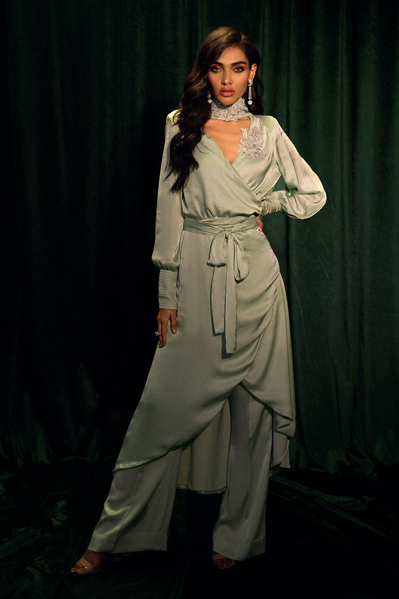 Pakistani Sea Green Embellished Satin Silk Jacket Set (2-Piece) - Image 1