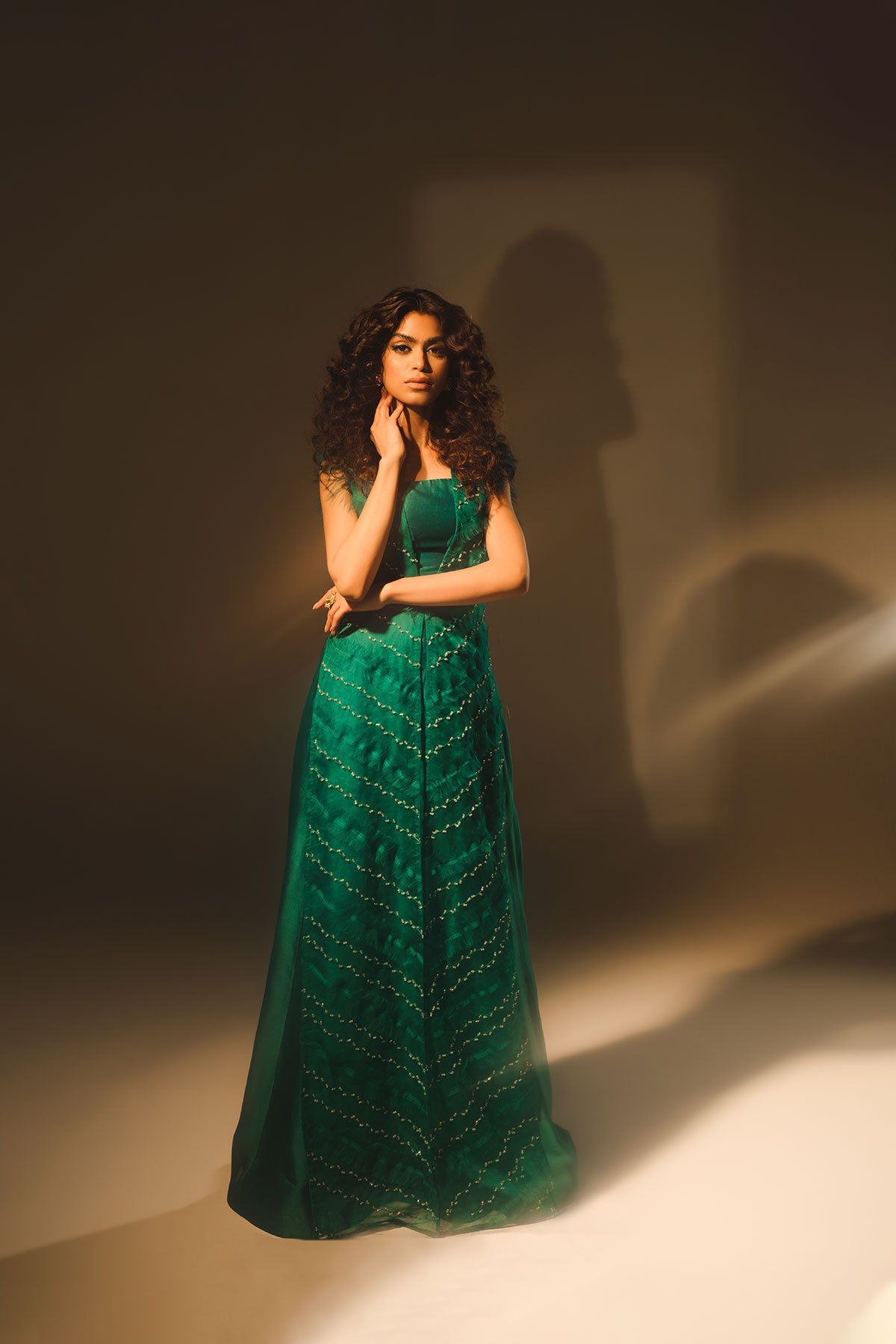 Pakistani Emerald Green Embellished Silk Organza Jacket Set (3-Piece) - Image 1