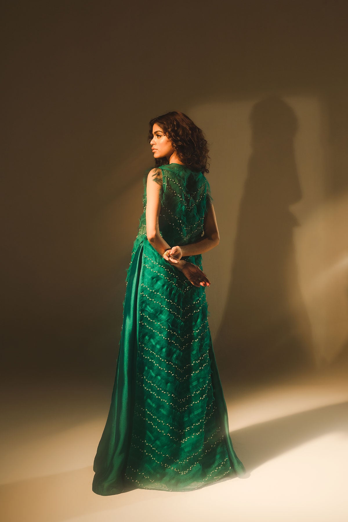 Pakistani Emerald Green Embellished Silk Organza Jacket Set (3-Piece) - Image 2